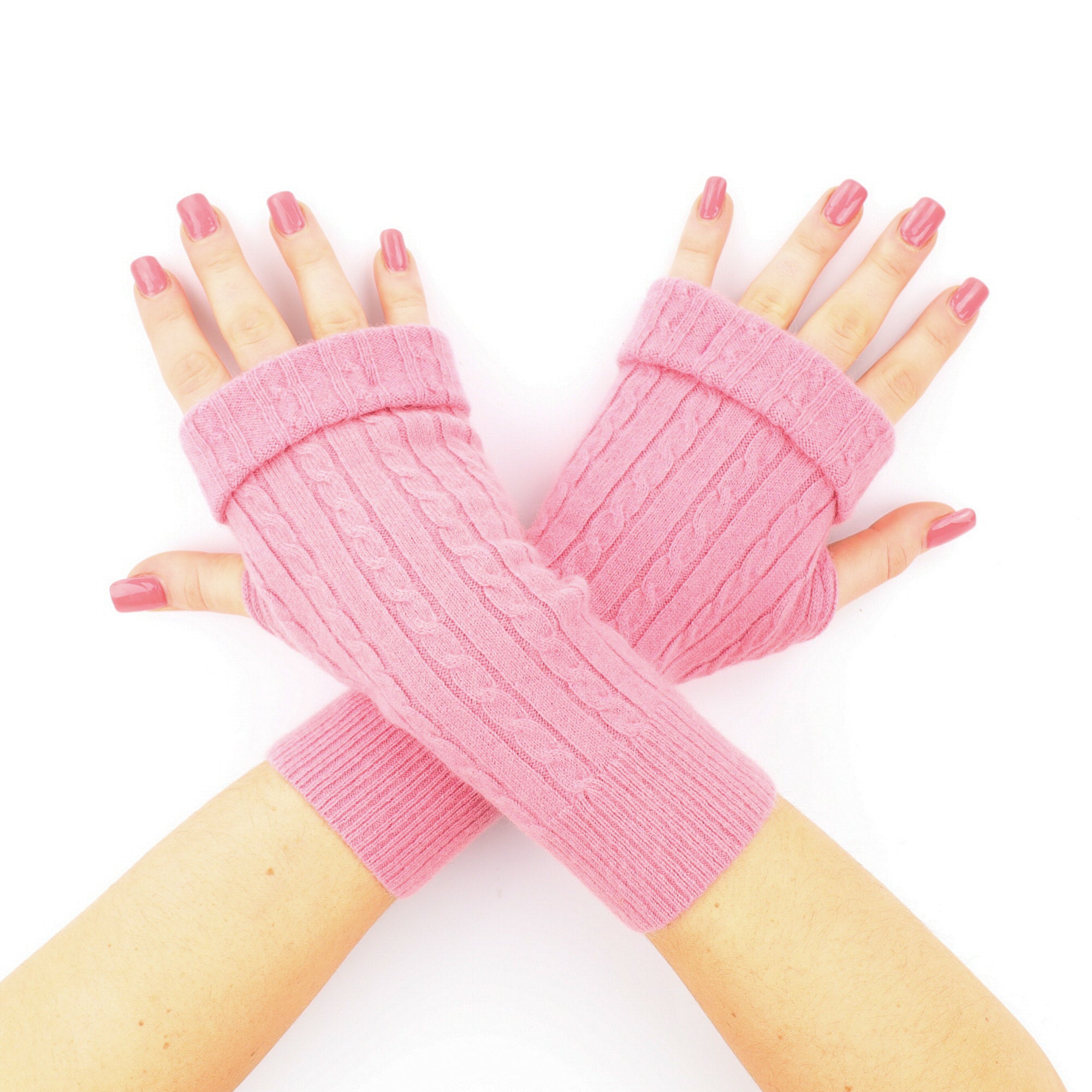 Strawberry Pink Cable Knit Fingerless Gloves