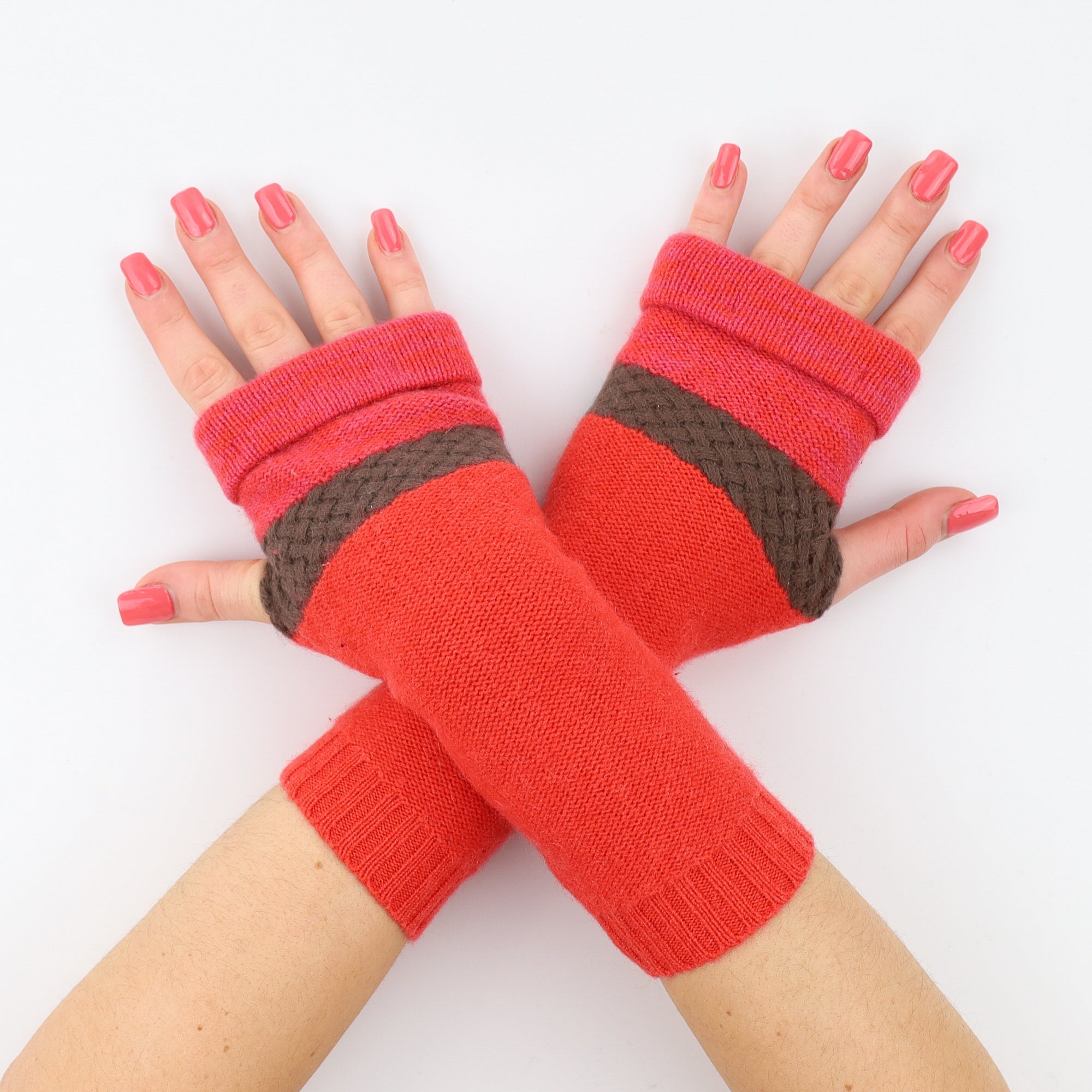 Bright Coral Pink and Orange with Brown Stitch Detail Fingerless Gloves
