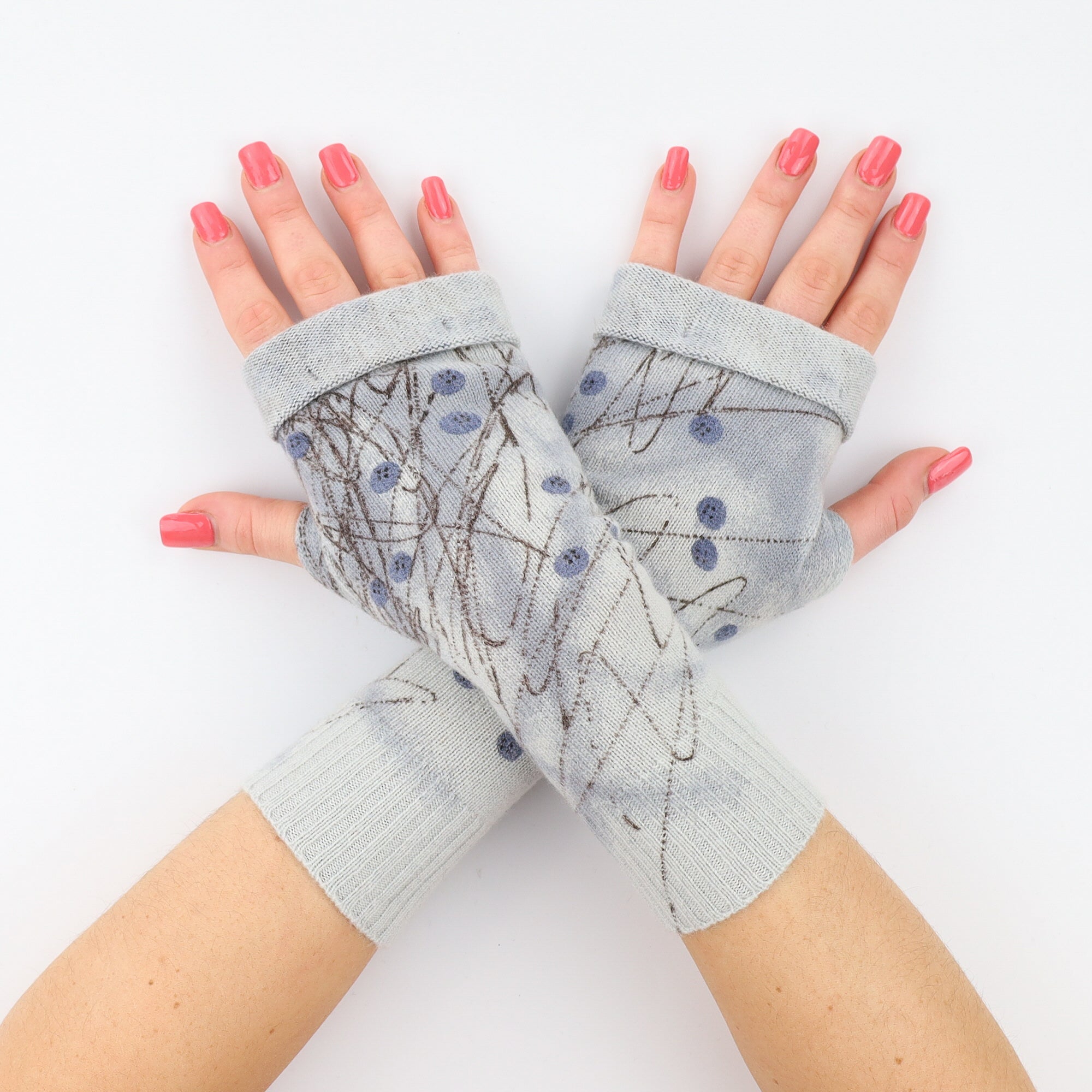 Powder Blue with Button Print Fingerless Gloves