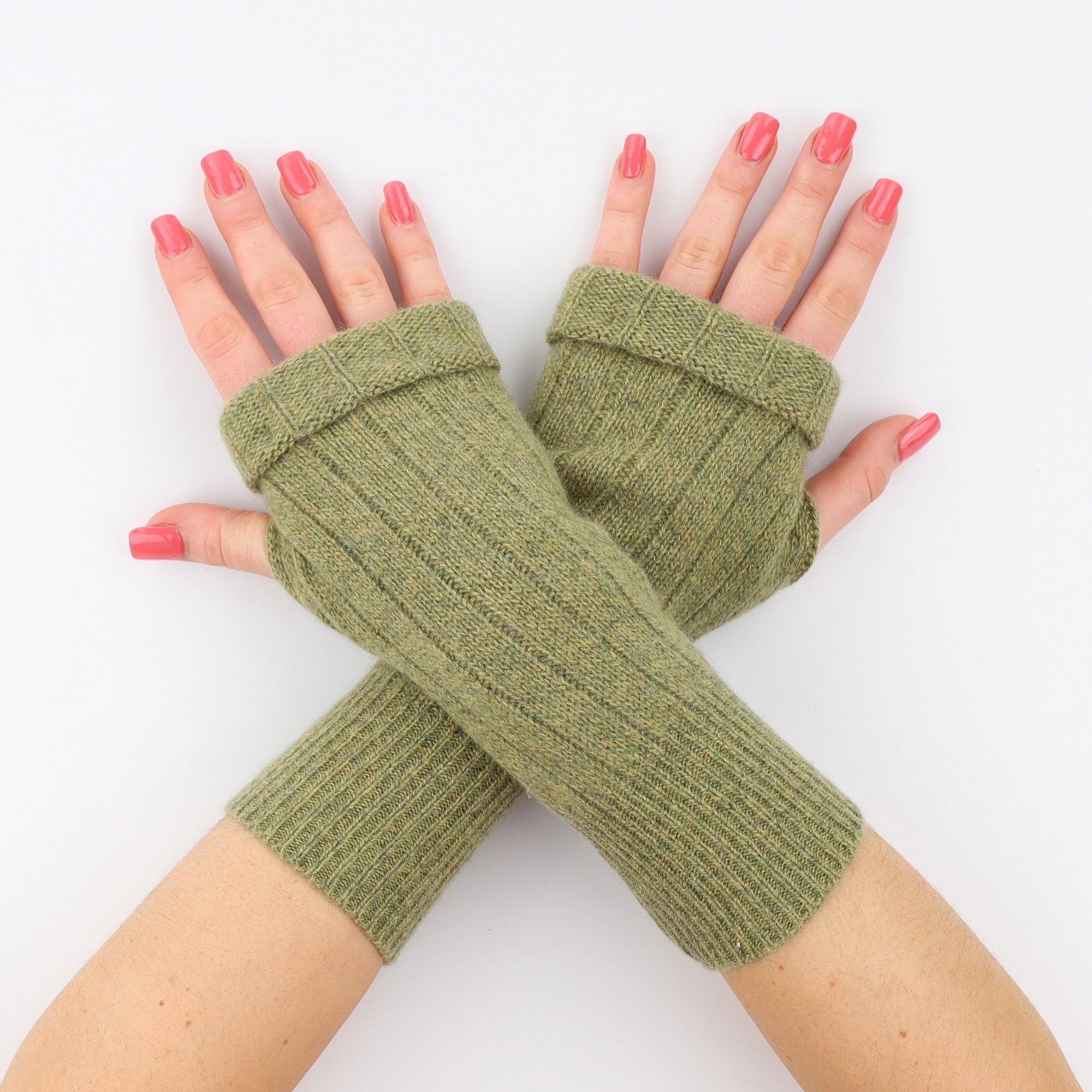 Moss Green Marl with Ribbed Detail Fingerless Gloves
