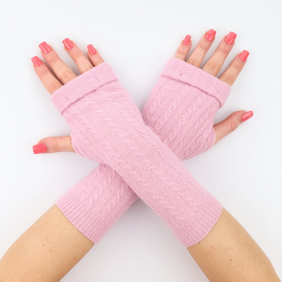 Soft Pink Cable Knit Fingerless Gloves