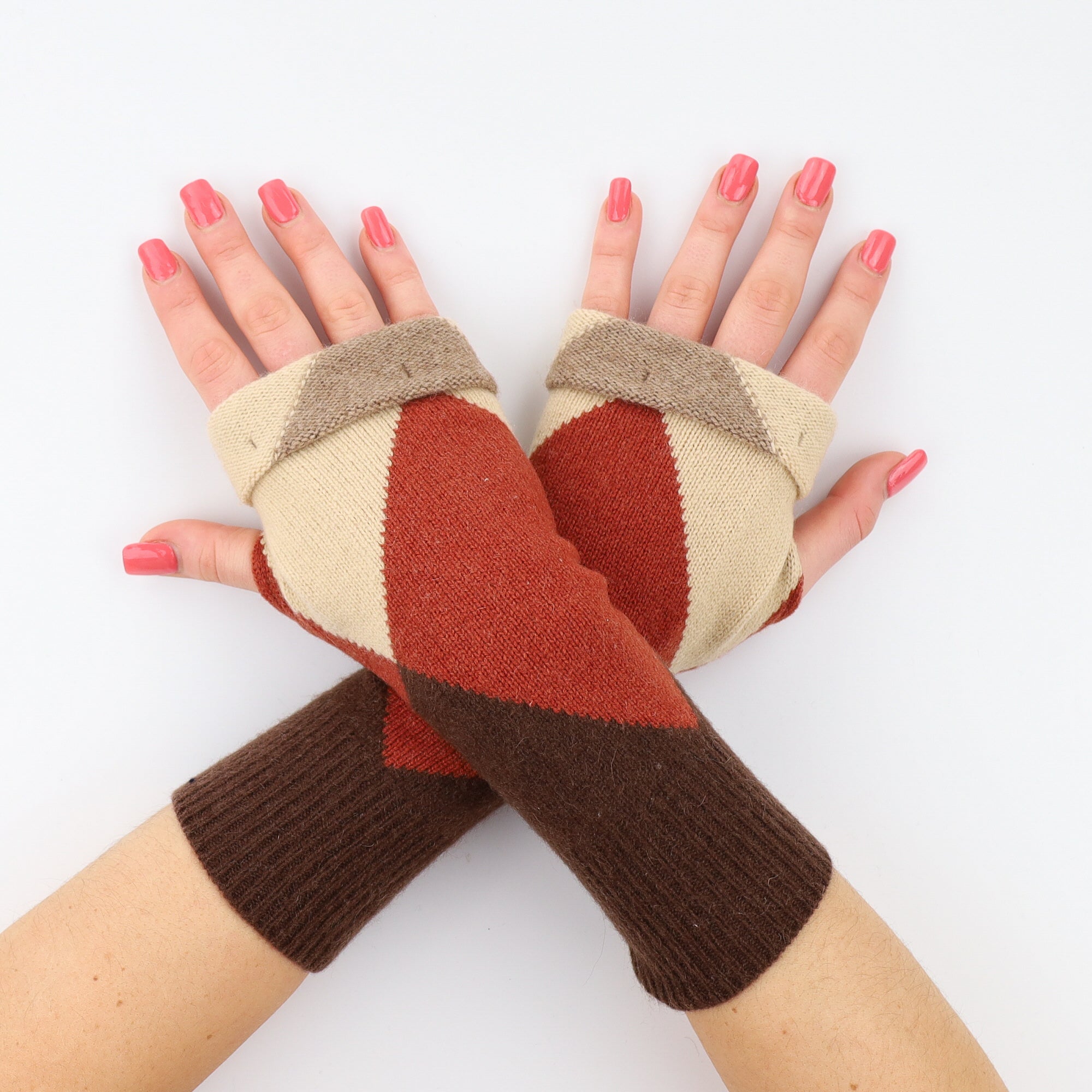 Burnt Orange, Sand and Brown Diamond Fingerless Gloves