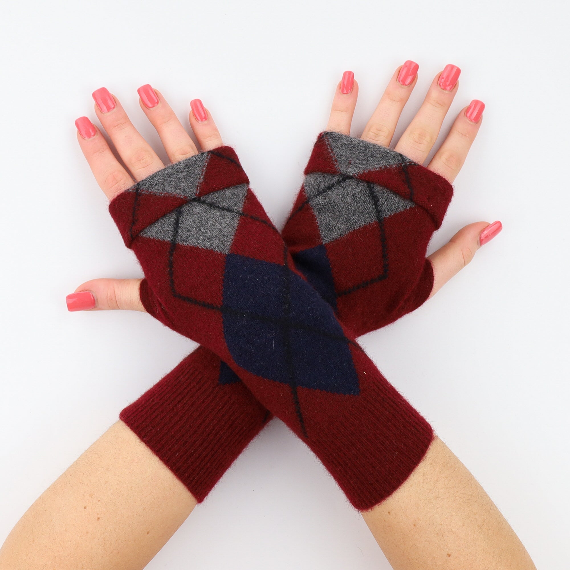 Wine Red, Navy and Ash Diamond Fingerless Gloves