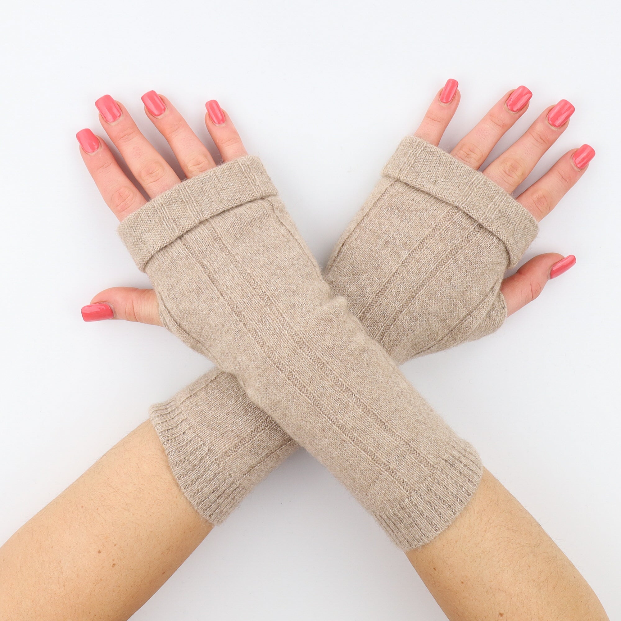 Soft Beige with Ribbed Detail Fingerless Gloves