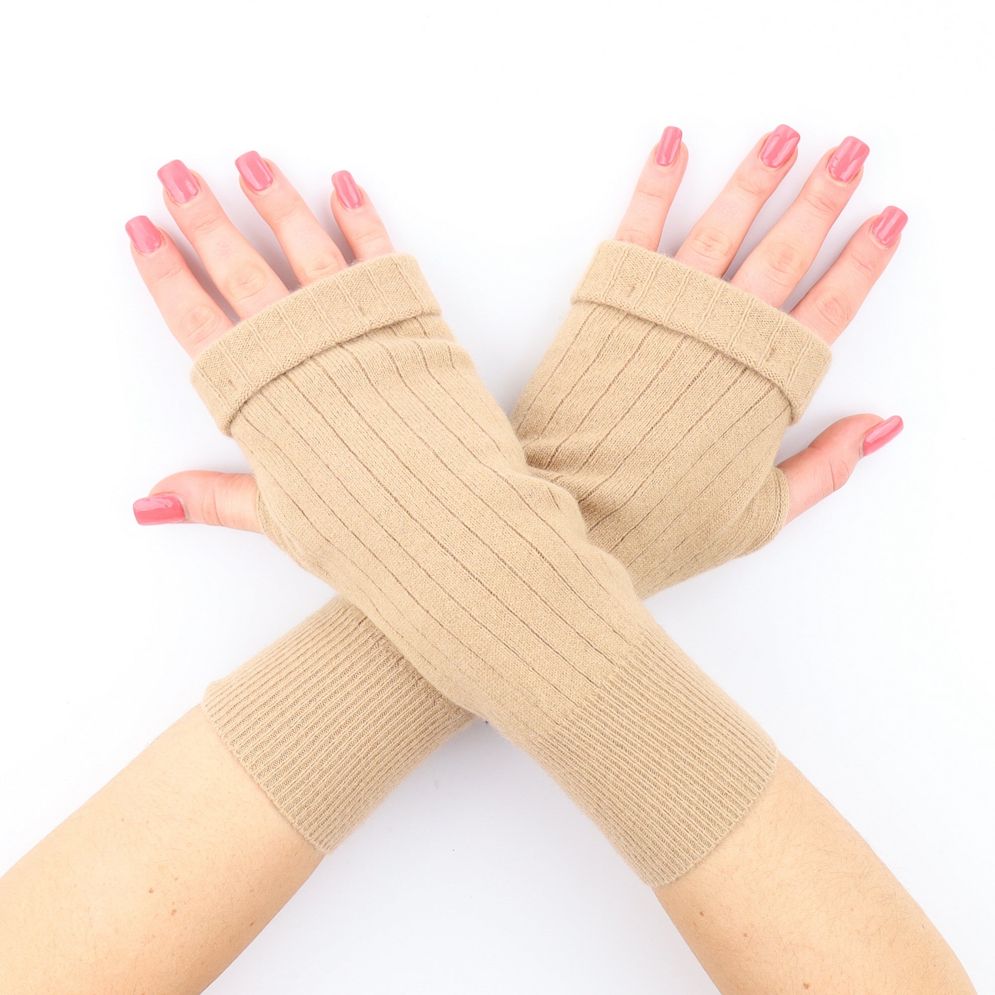 Camel Brown Ribbed Fingerless Gloves
