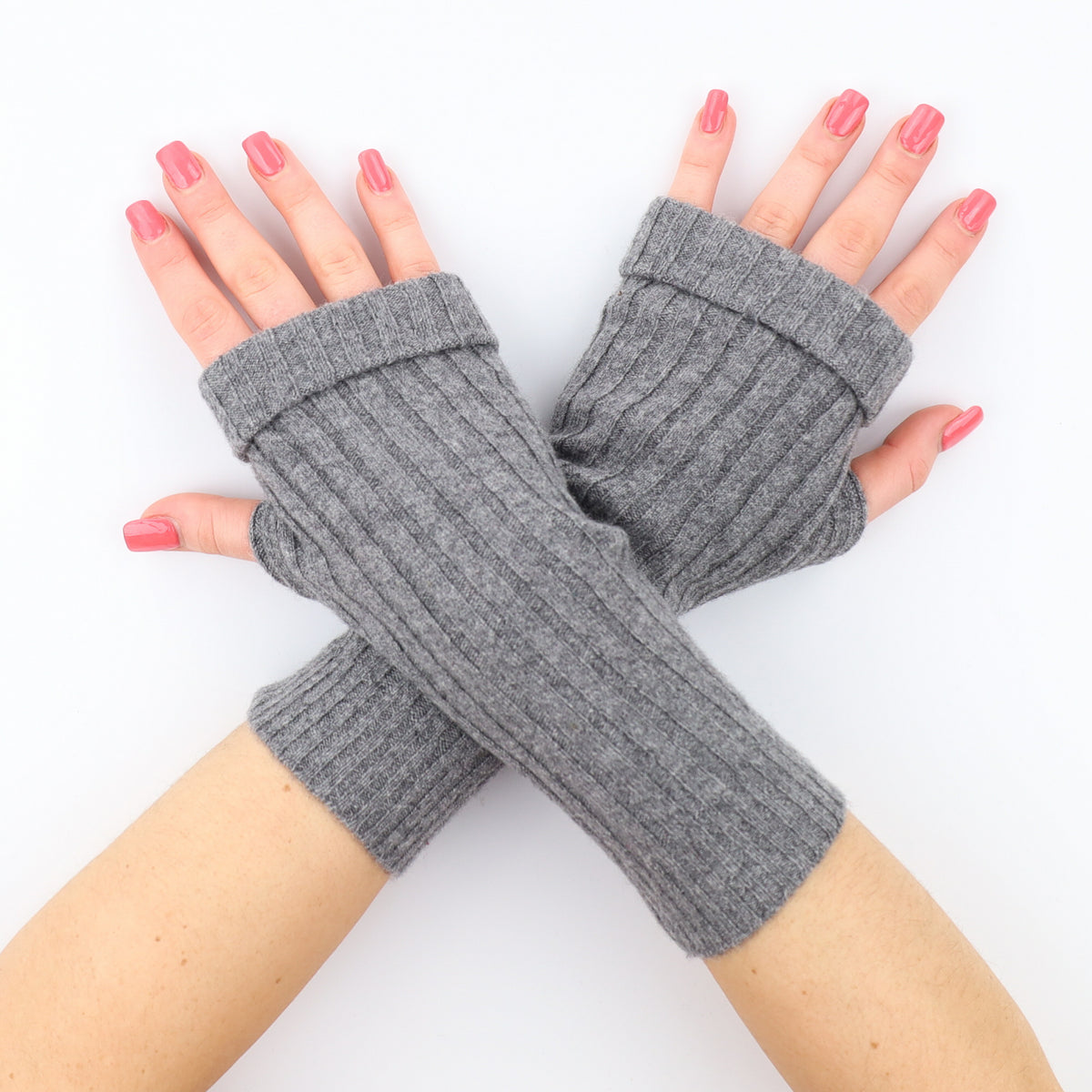 Ash Grey Ribbed Fingerless Gloves
