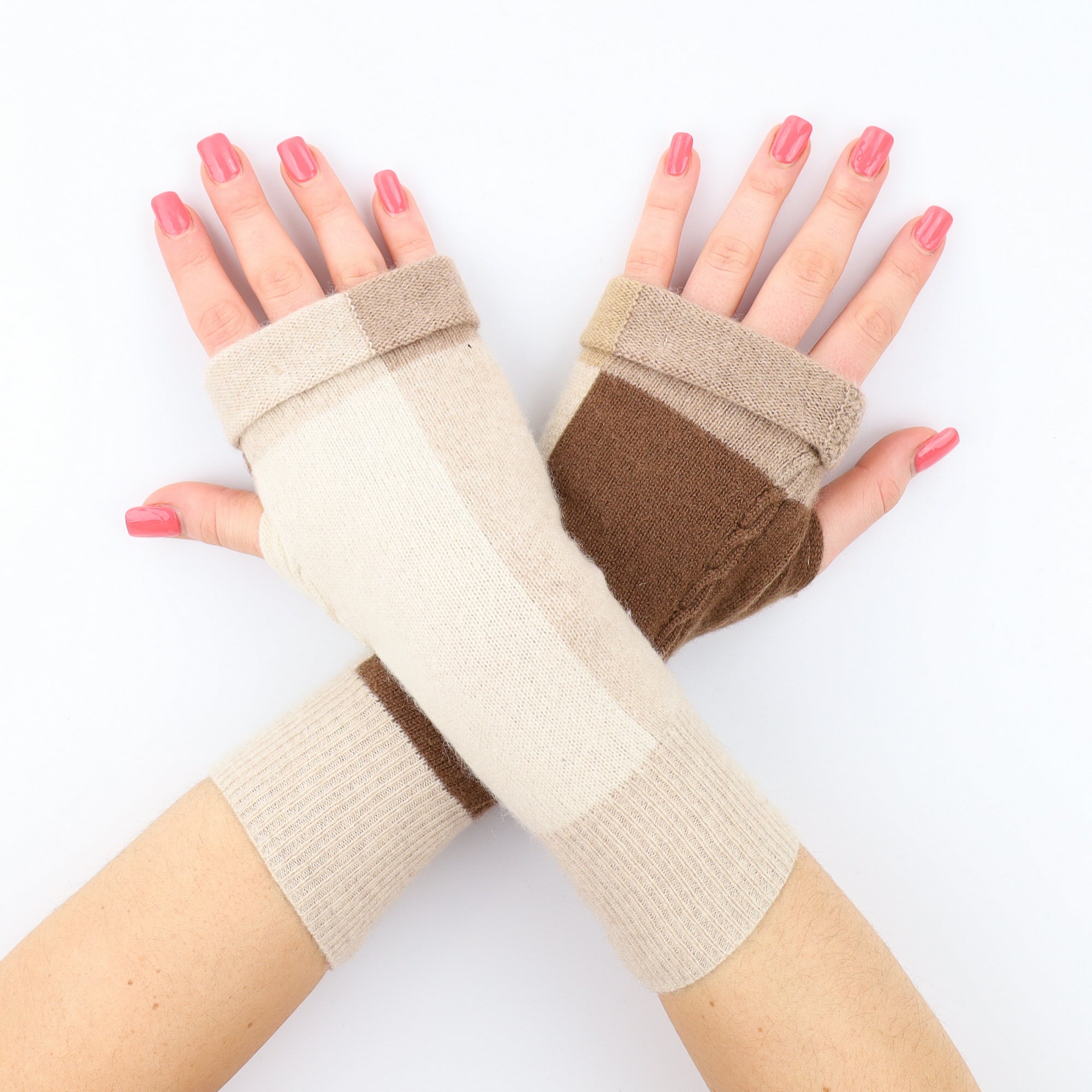 Chocolate Brown and Beige Cable Knit Detail Fingerless Gloves