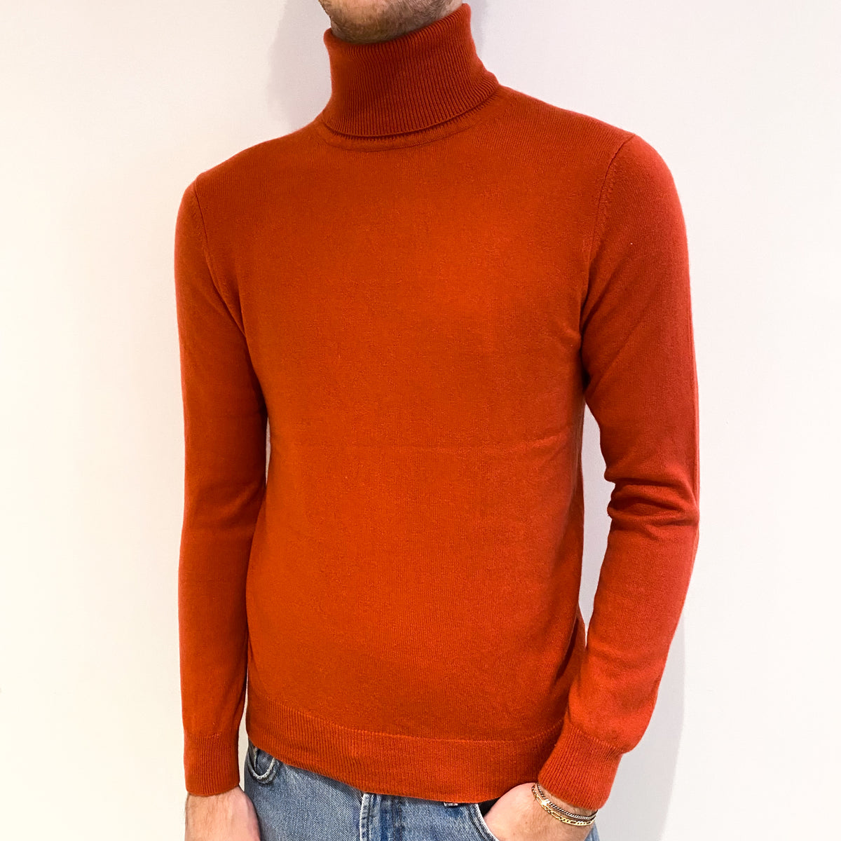 Men's Tomato Red Cashmere Polo Neck Jumper Medium