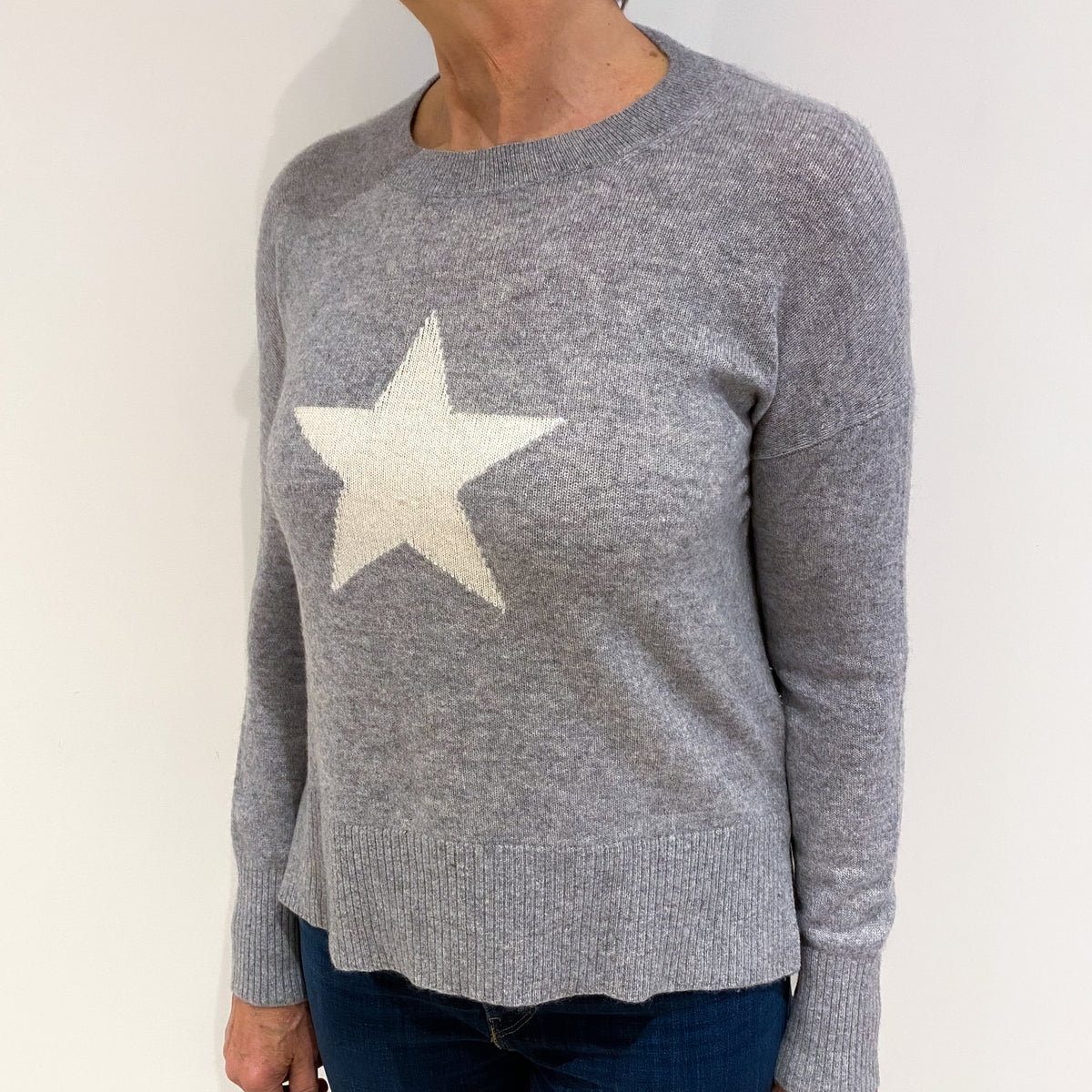 Smoke Grey Cream Star Cashmere Crew Neck Jumper Medium