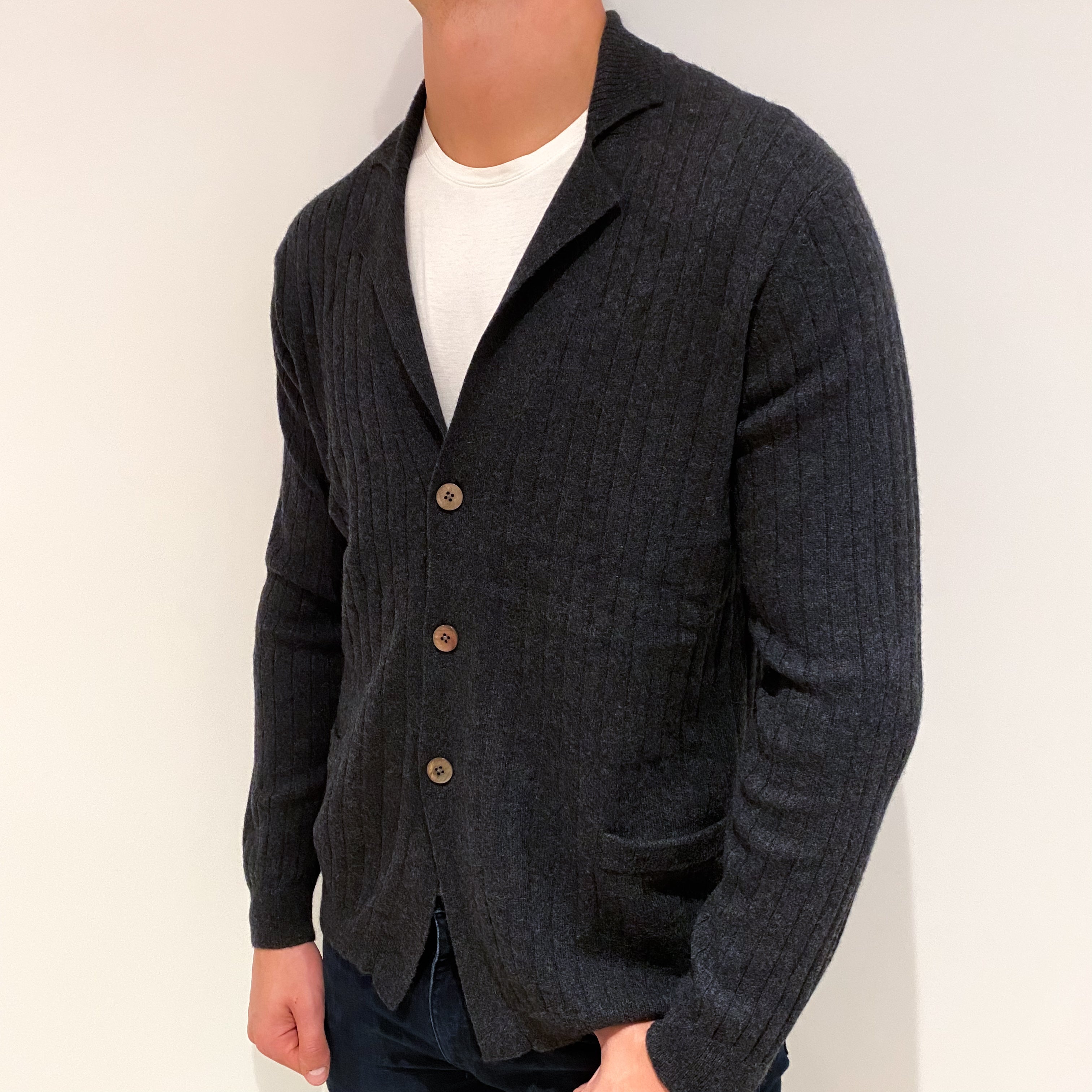 Men's Charcoal Grey Rib Cashmere V-Neck Cardigan Extra Extra Large