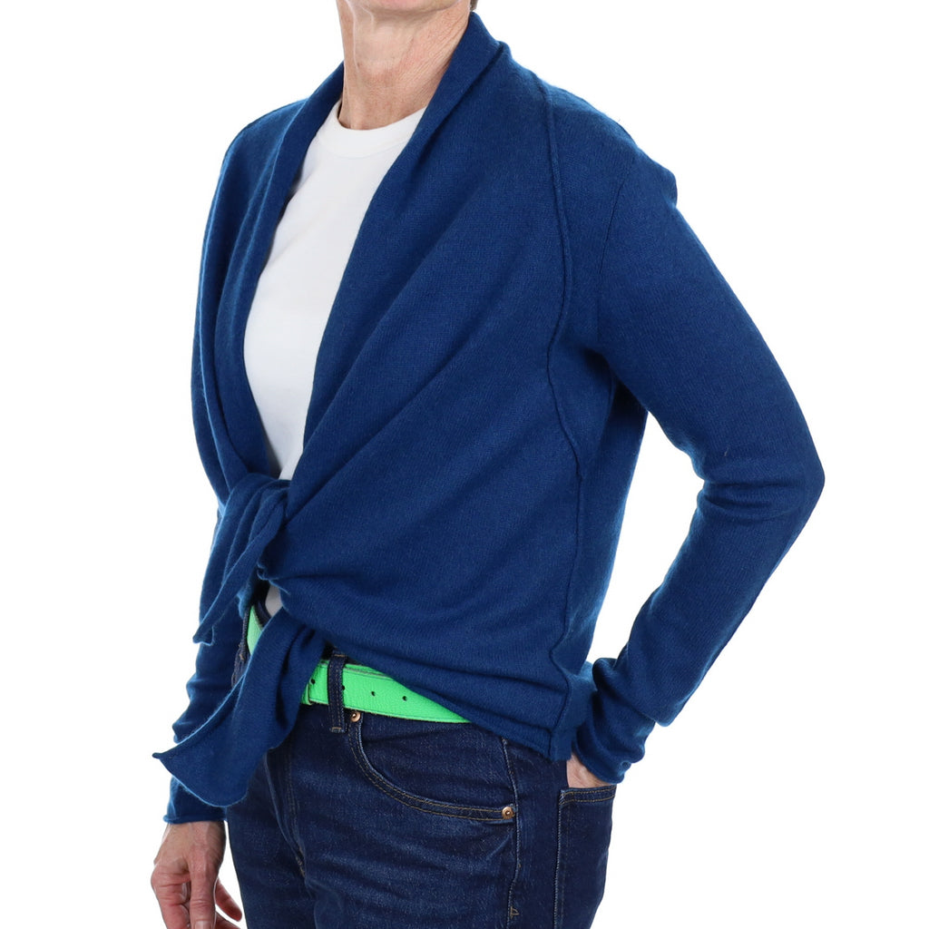 Deep Ocean Blue Cashmere Tie Front Cardigan Small