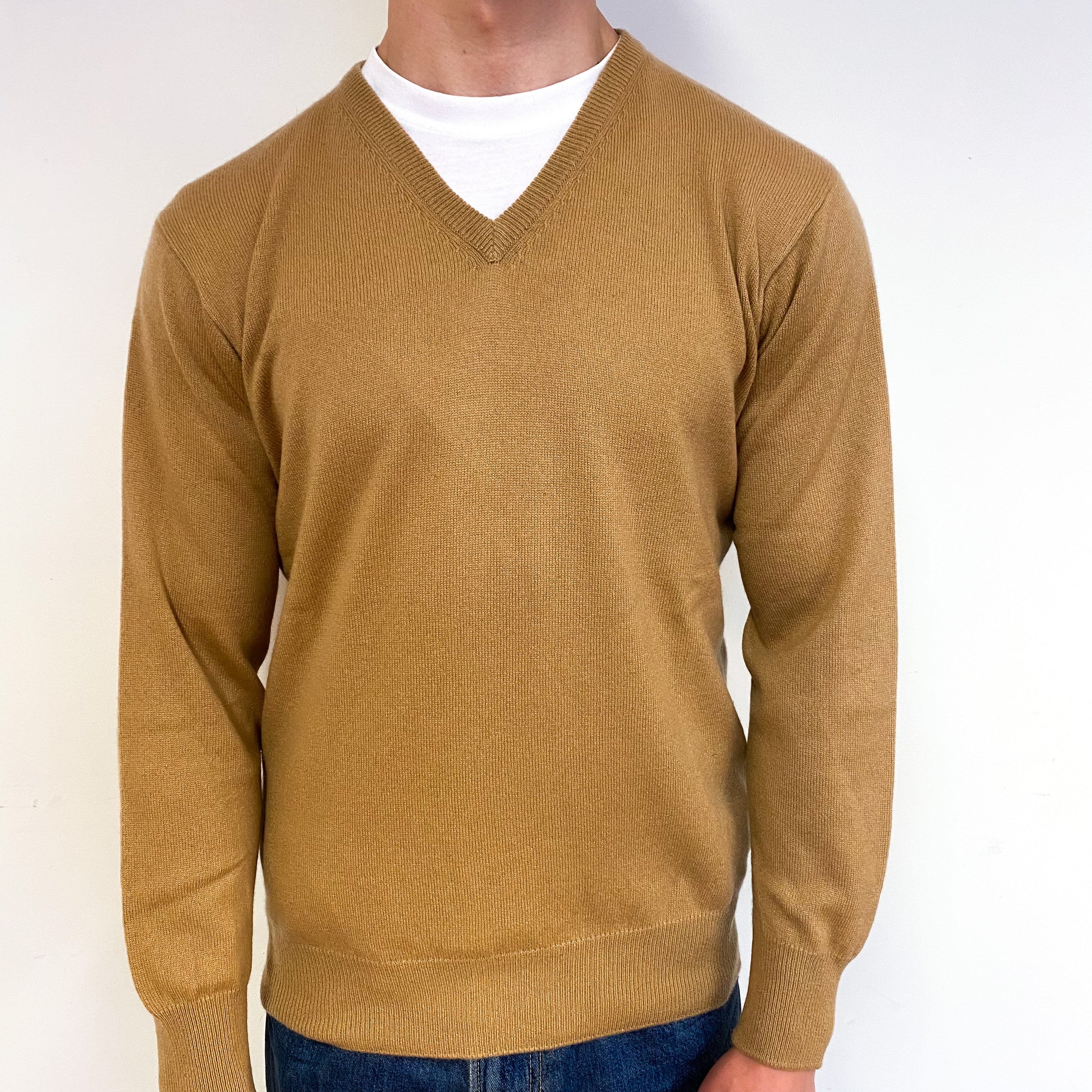 Men's Caramel Brown Cashmere V-Neck Jumper Small