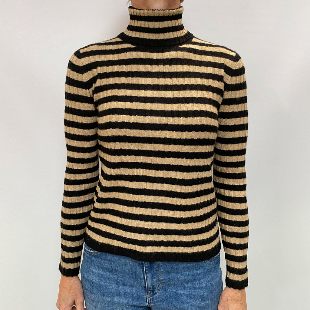 Black and Camel Striped Cashmere Polo Neck Ribbed Knit Jumper Small
