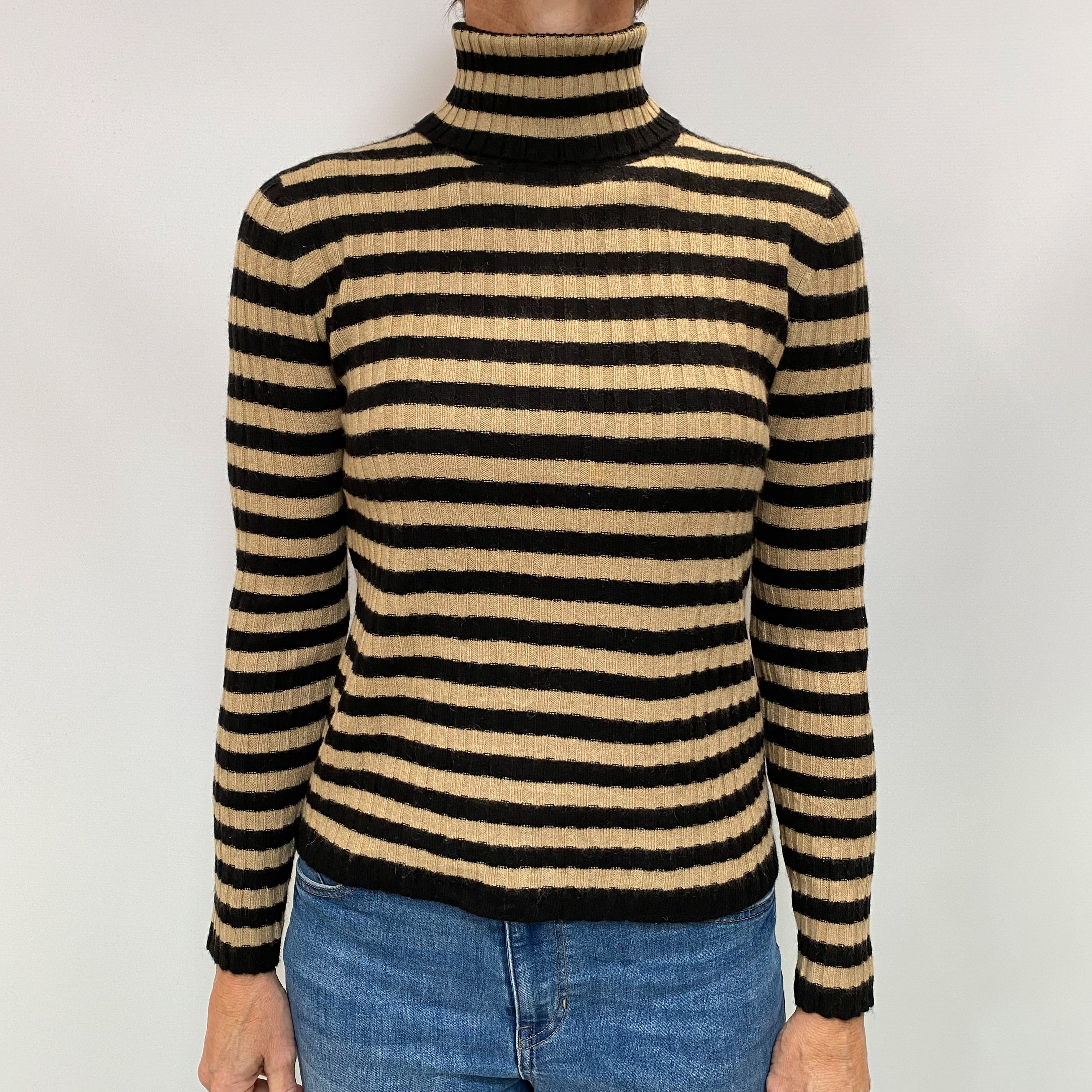 Black and Camel Striped Cashmere Polo Neck Ribbed Knit Jumper Small