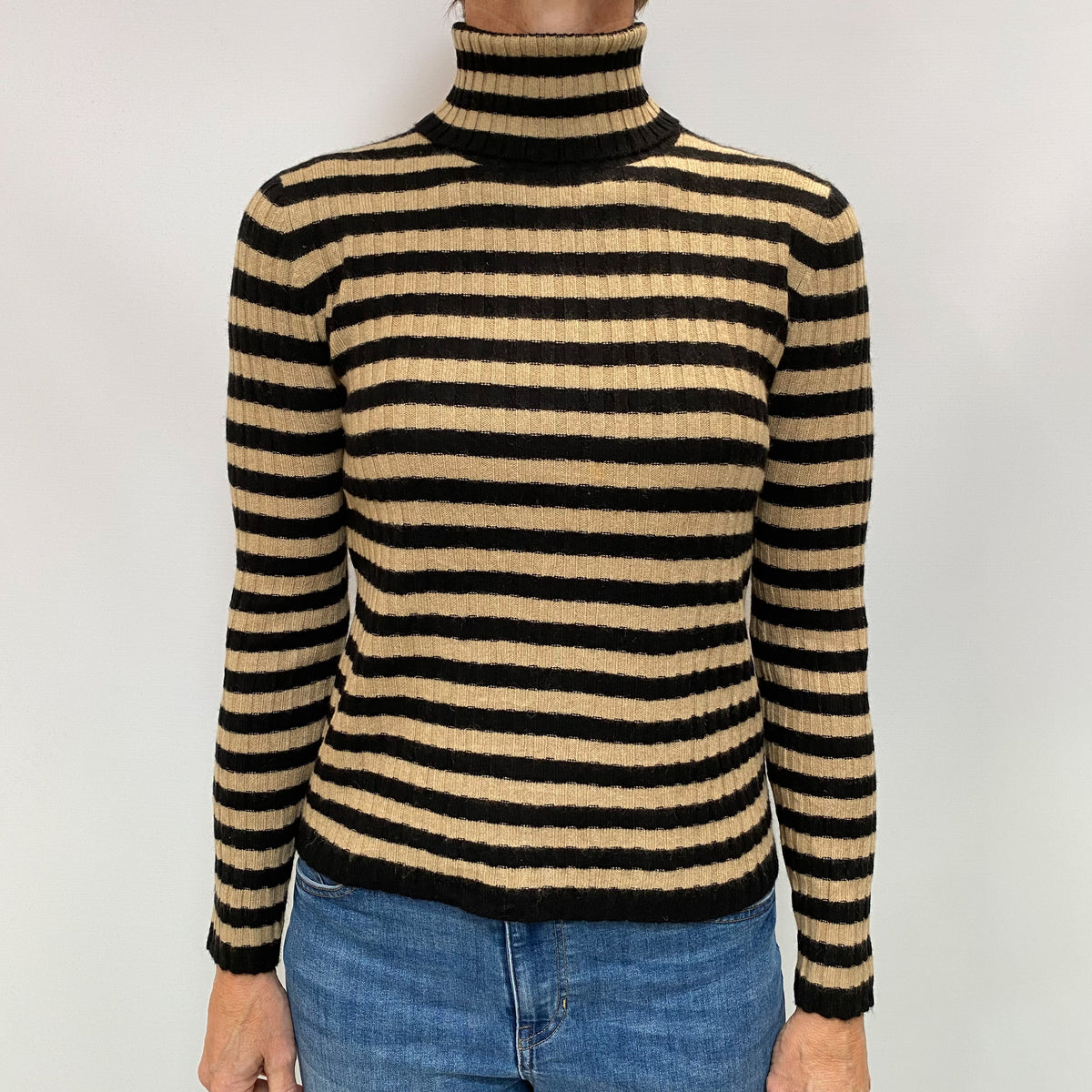 Black and Camel Striped Cashmere Polo Neck Ribbed Knit Jumper Small