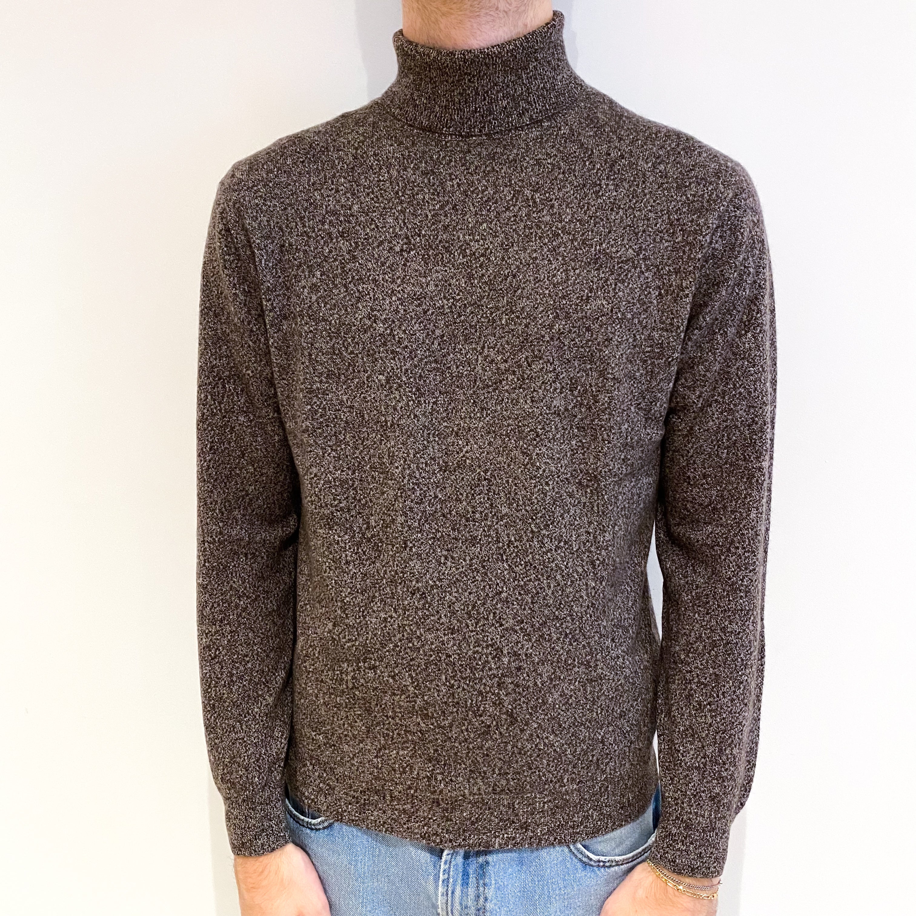 Men's Mole Brown Marl Cashmere Polo Neck Jumper Medium
