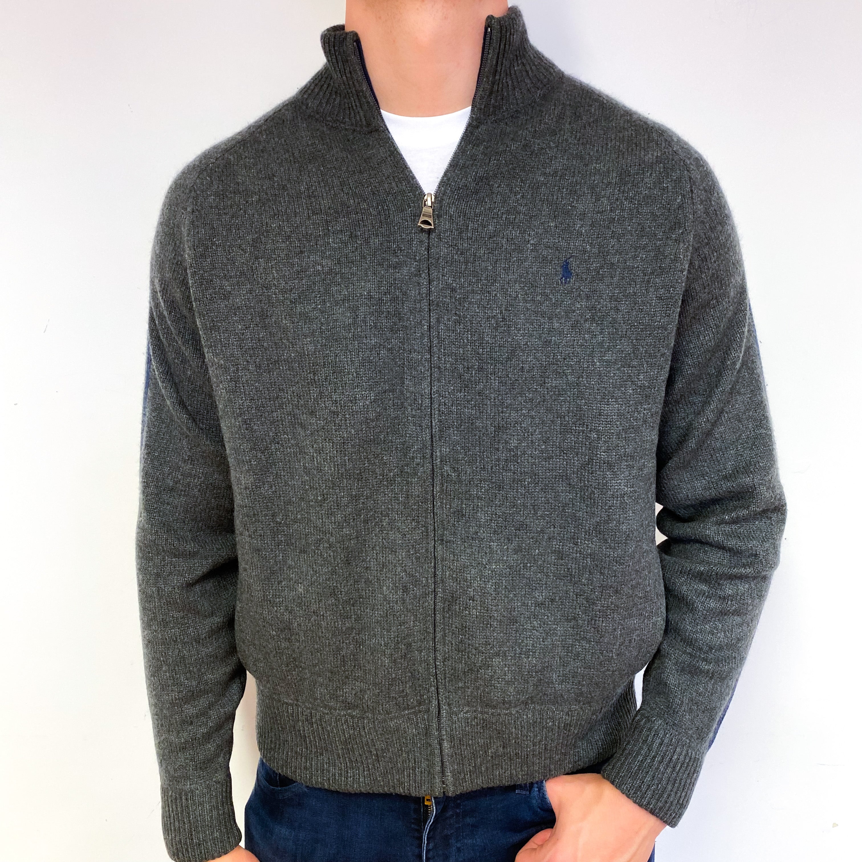 Men's Vintage Ralph Lauren Slate Grey Cashmere Zip Up Cardigan XL
