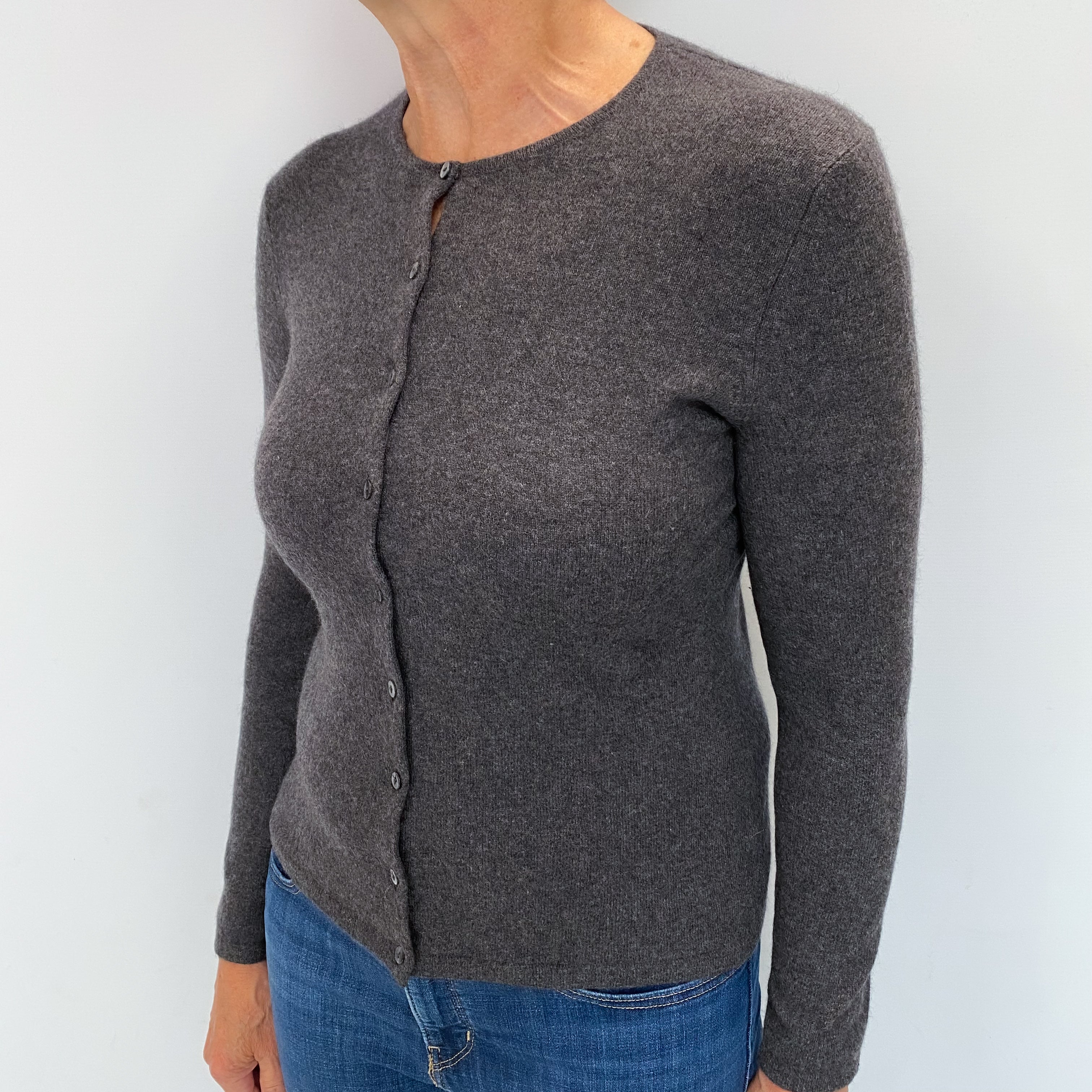 Charcoal Grey Cashmere Crew Neck Cardigan Medium