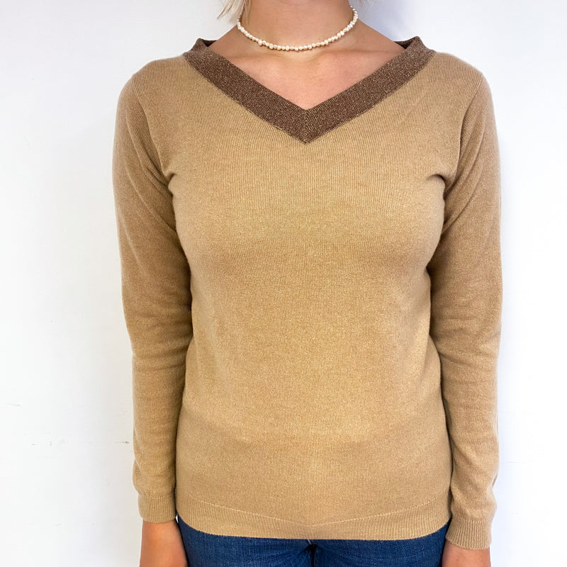 New Scottish Camel Brown Cashmere Sparkly V-Neck Jumper Small