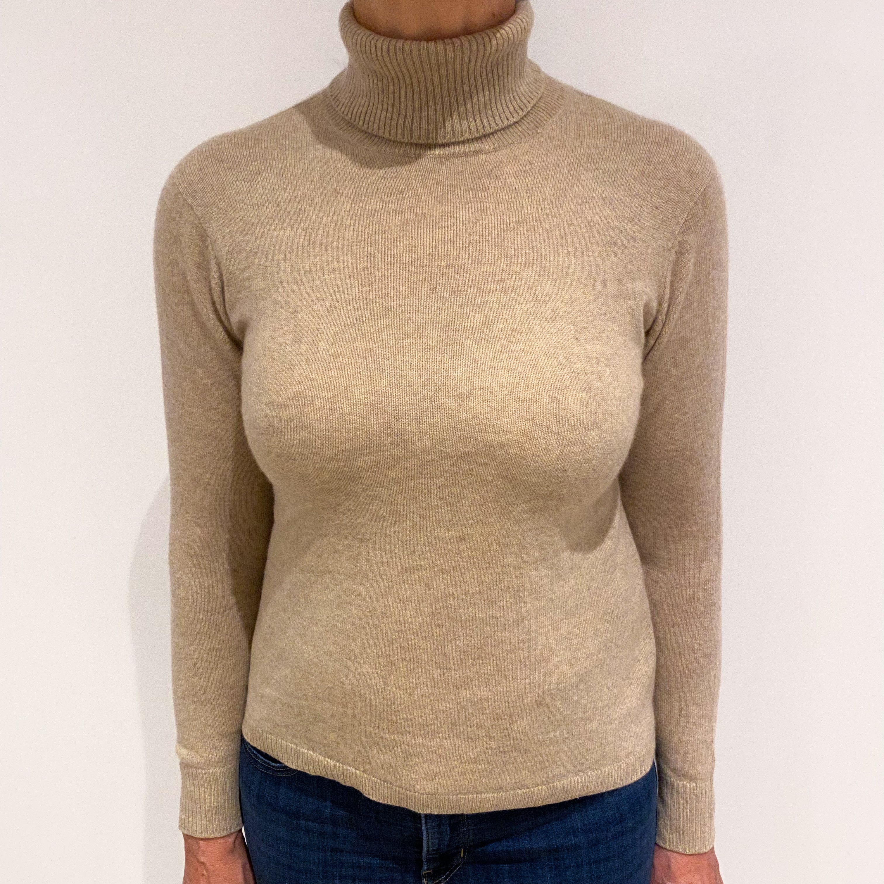 Sand Beige Cashmere Polo Neck Jumper Medium