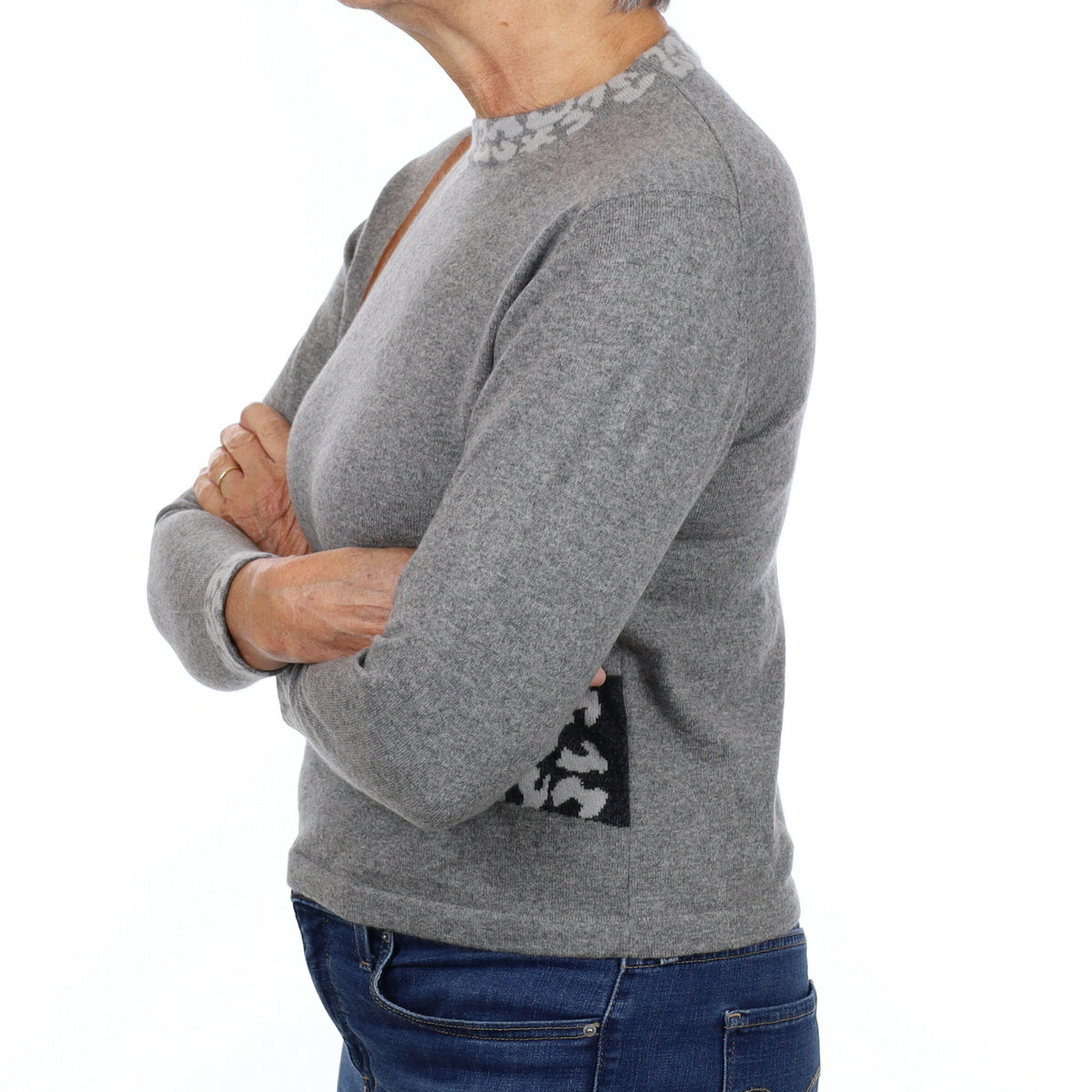 Ash Grey Patterned Cashmere High Crew Neck Jumper Medium