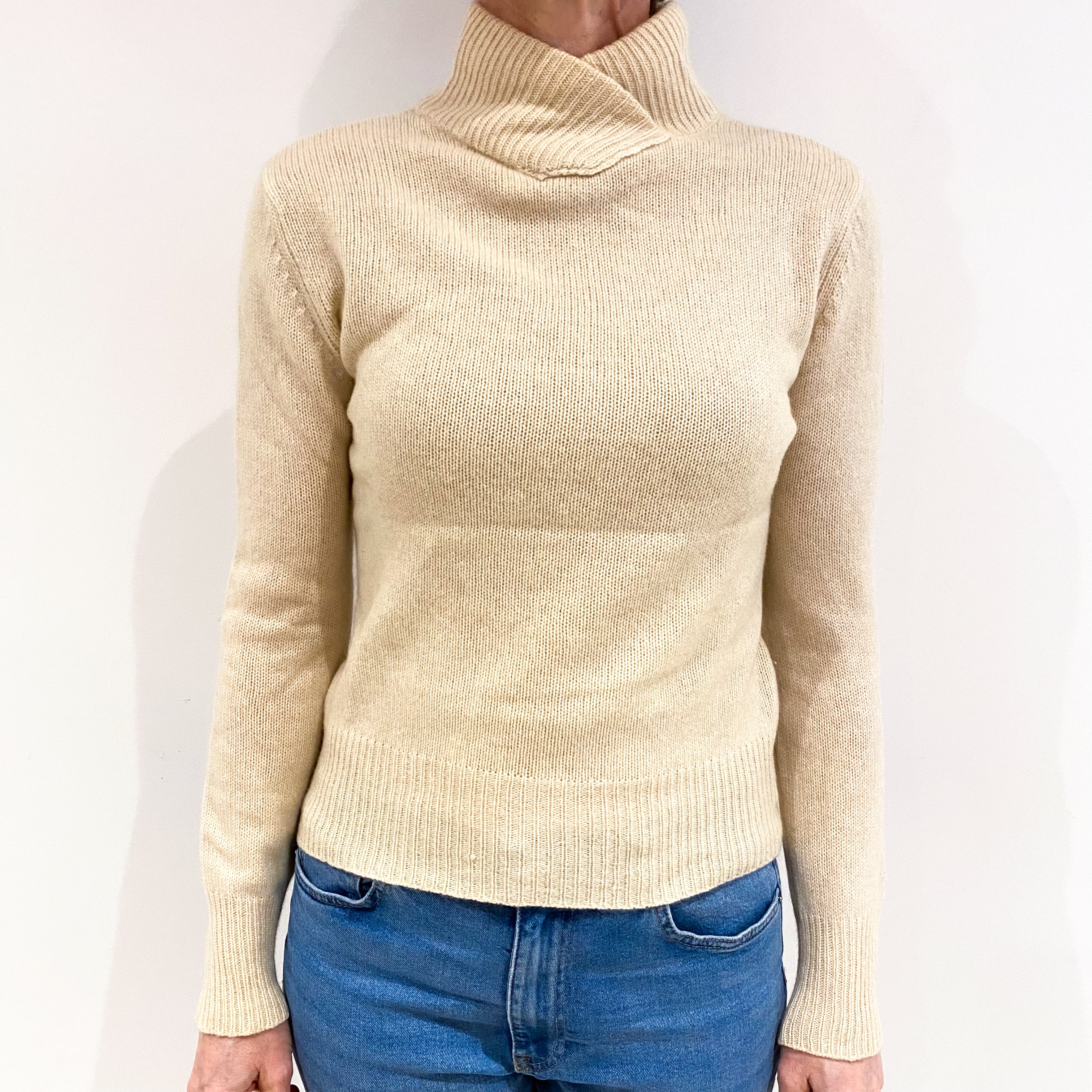 Vanilla Cream Cashmere Cross Over Polo Neck Jumper Small