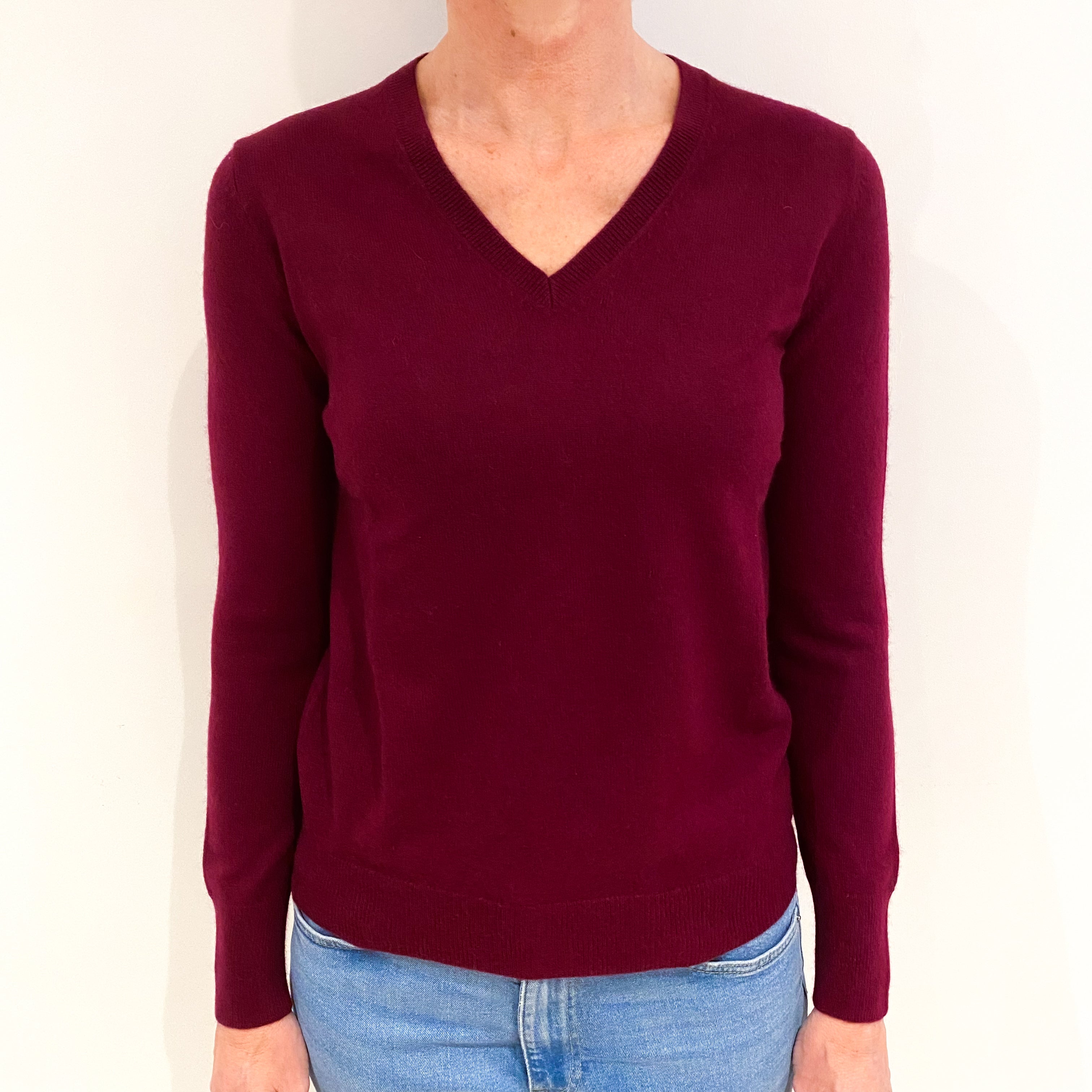 Burgundy Red Cashmere V Neck Jumper Small