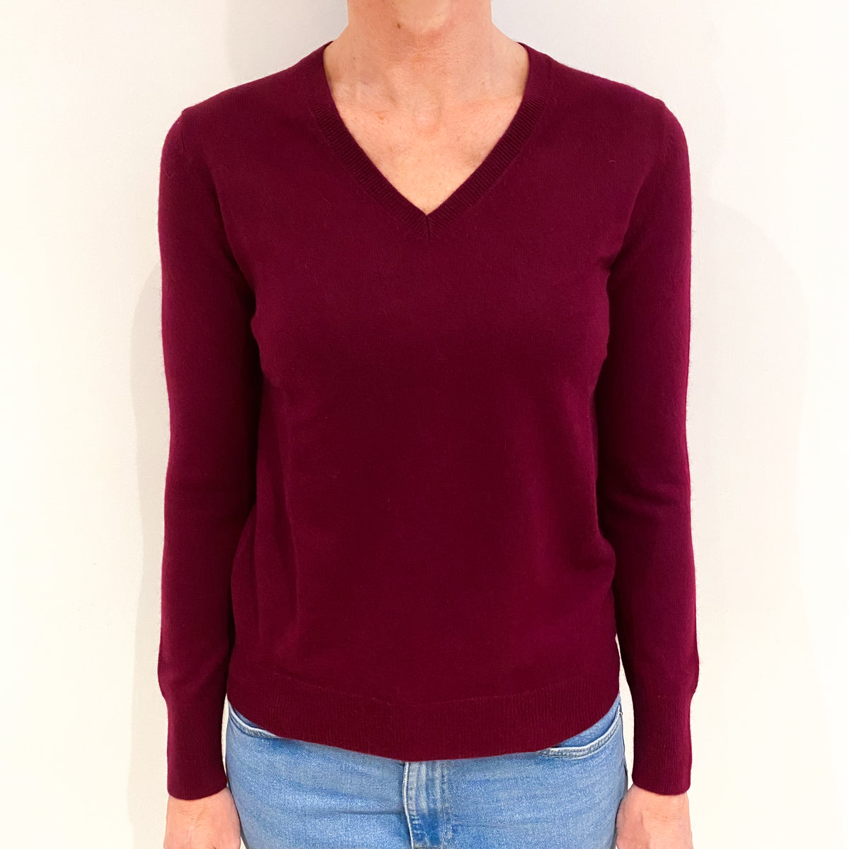 Burgundy Red Cashmere V Neck Jumper Small
