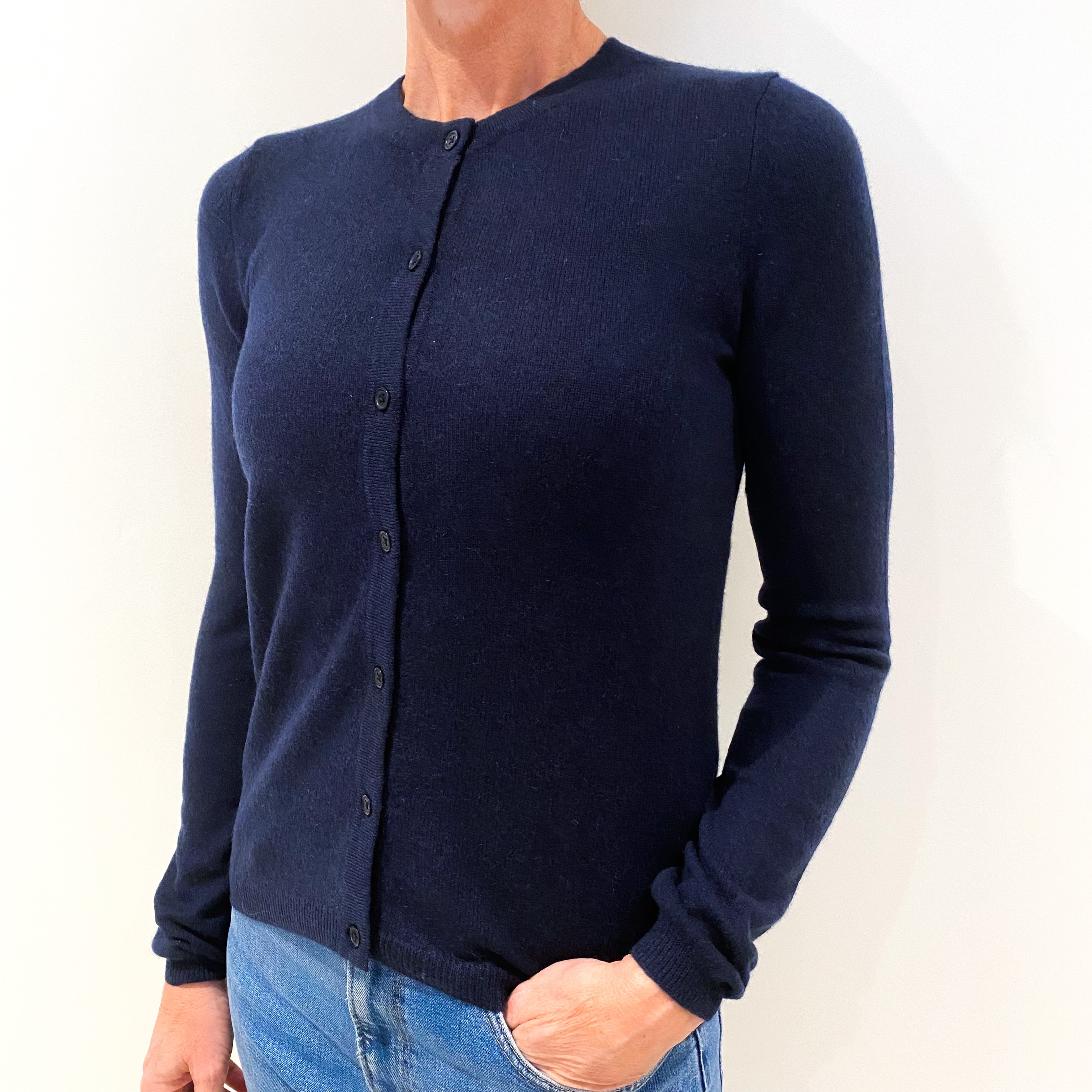 Navy Blue Cashmere Crew Neck Cardigan Small