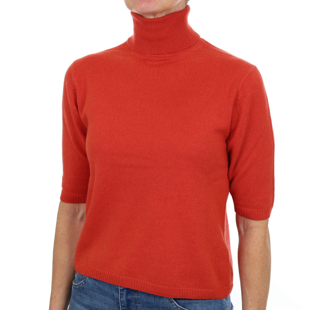 Burnt Orange Cashmere Polo Neck Short Sleeved Jumper Small