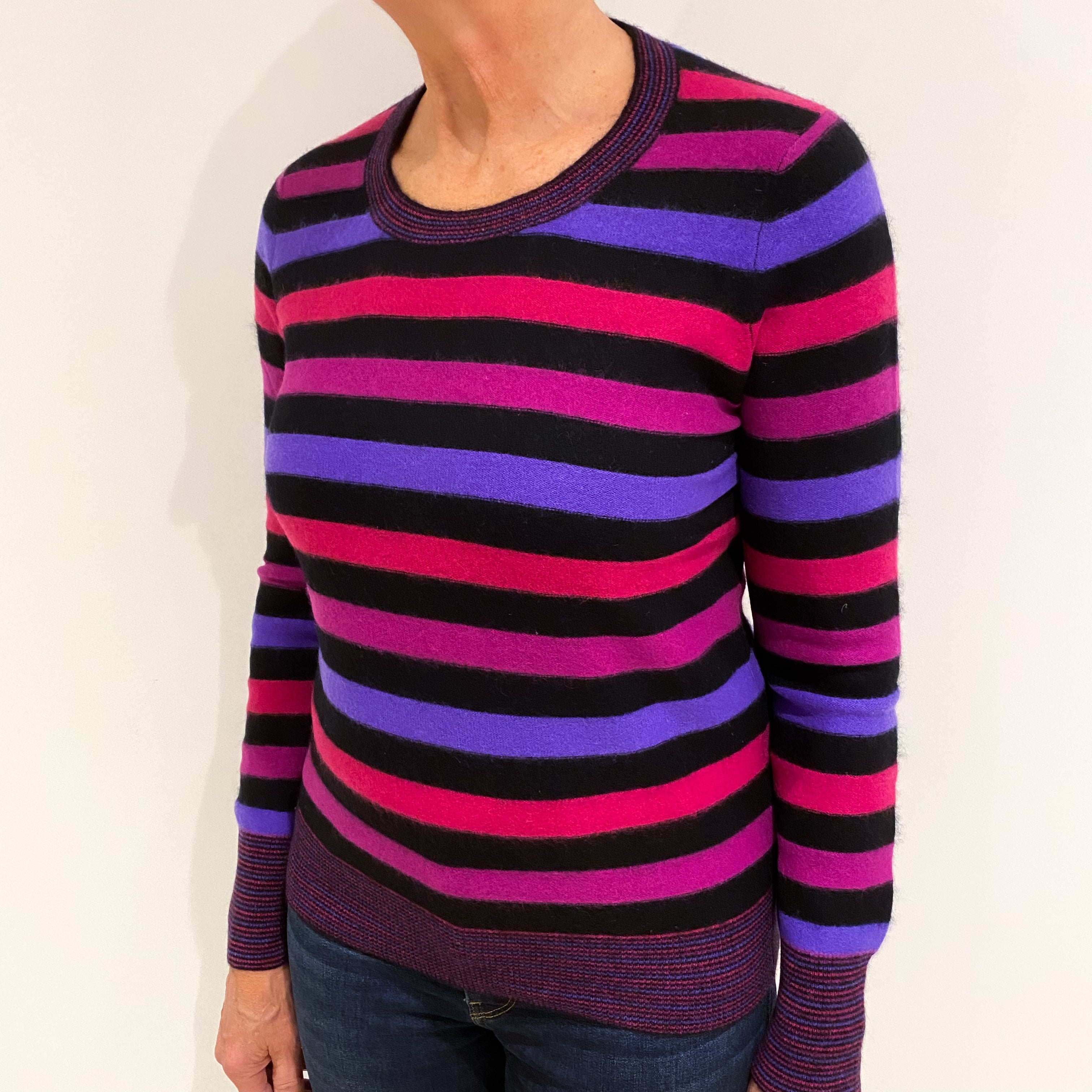 Black Pink Purple Stripe Cashmere Crew Neck Jumper Medium