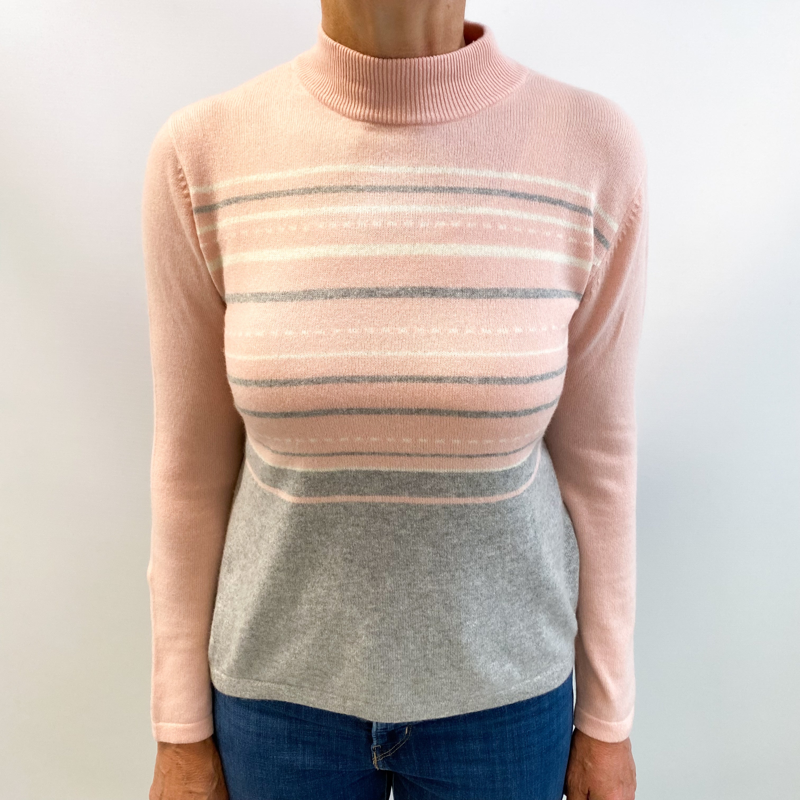 Shell Pink and Grey Striped Cashmere Turtle Neck Jumper Medium