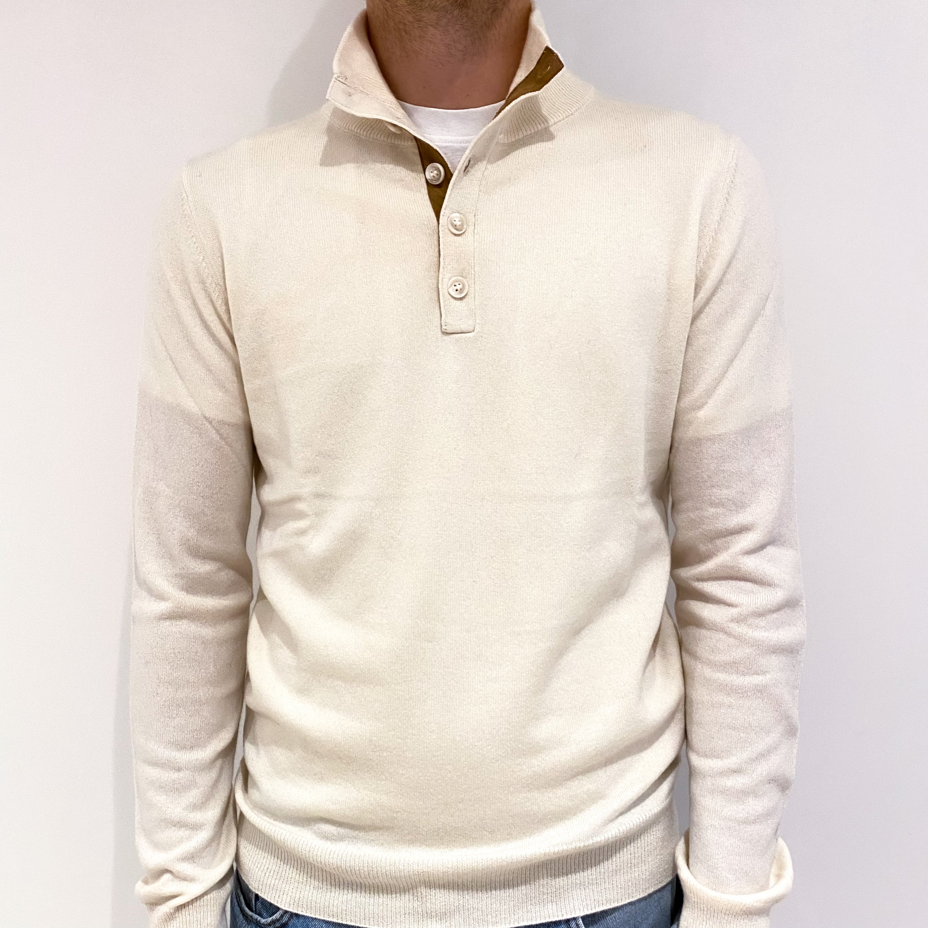 Men's Cream Cashmere Buttoned Turtle Neck Jumper Medium