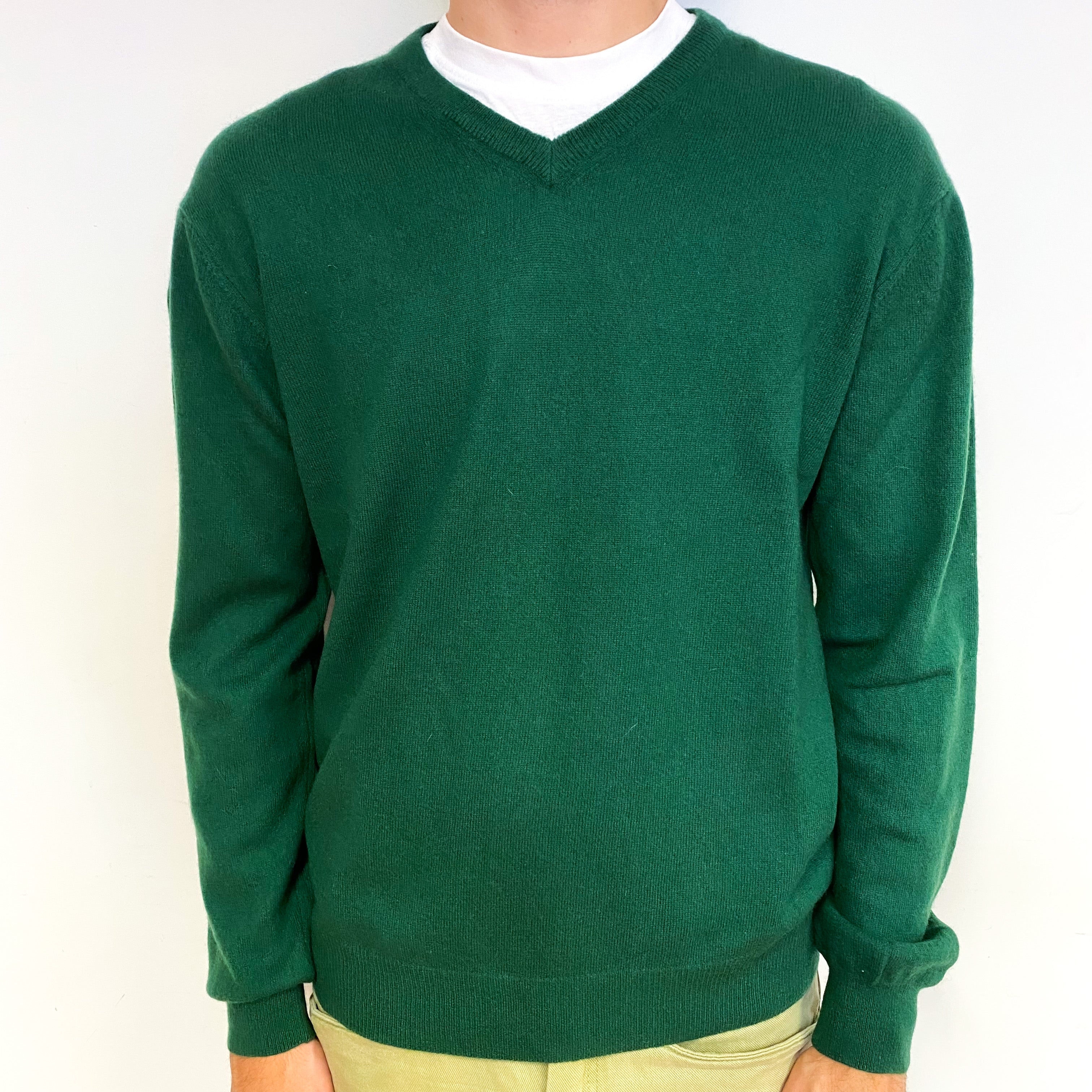Men's Shamrock Green Cashmere V-Neck Jumper Large