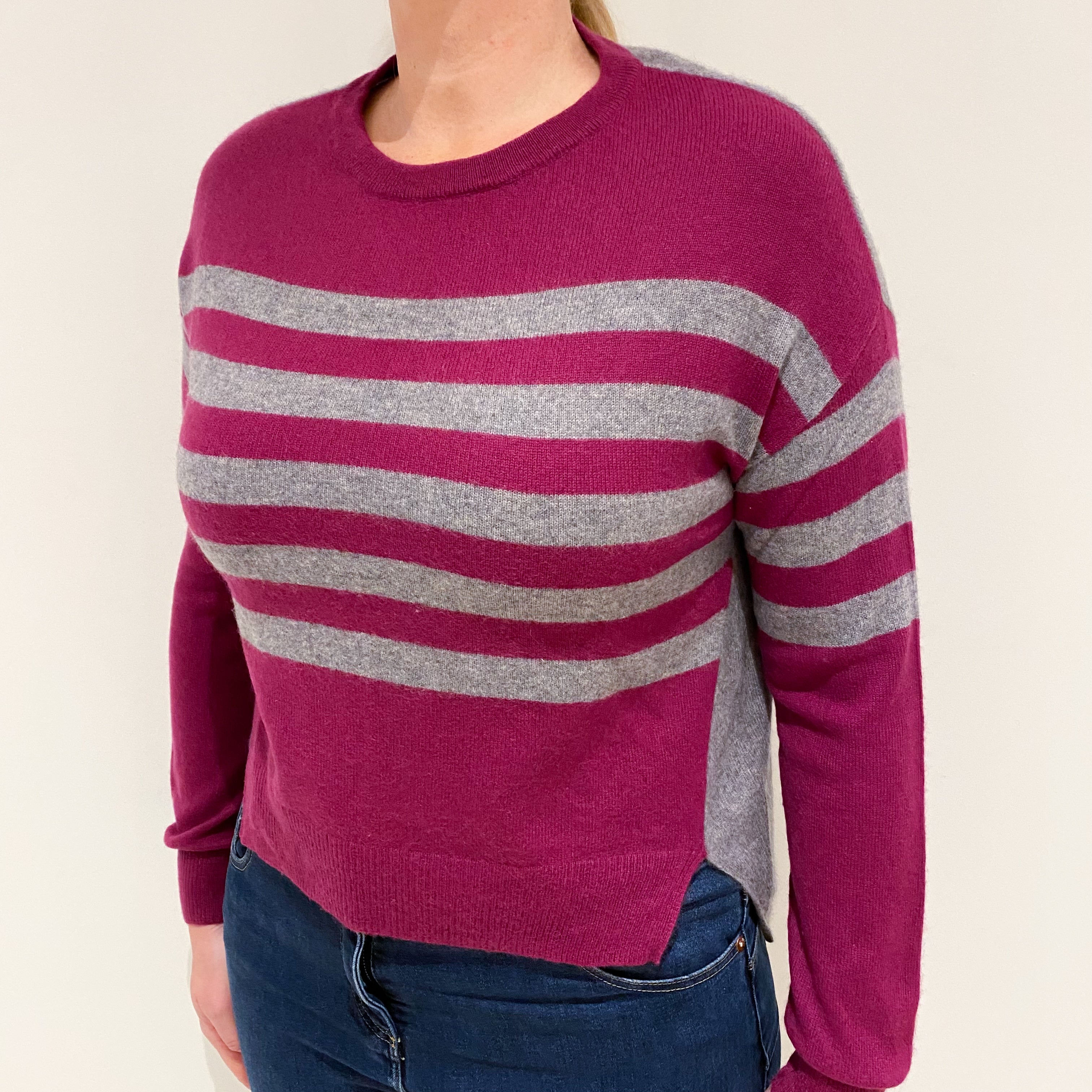 Plum Pink Grey Stripe Cashmere Crew Neck Jumper Large