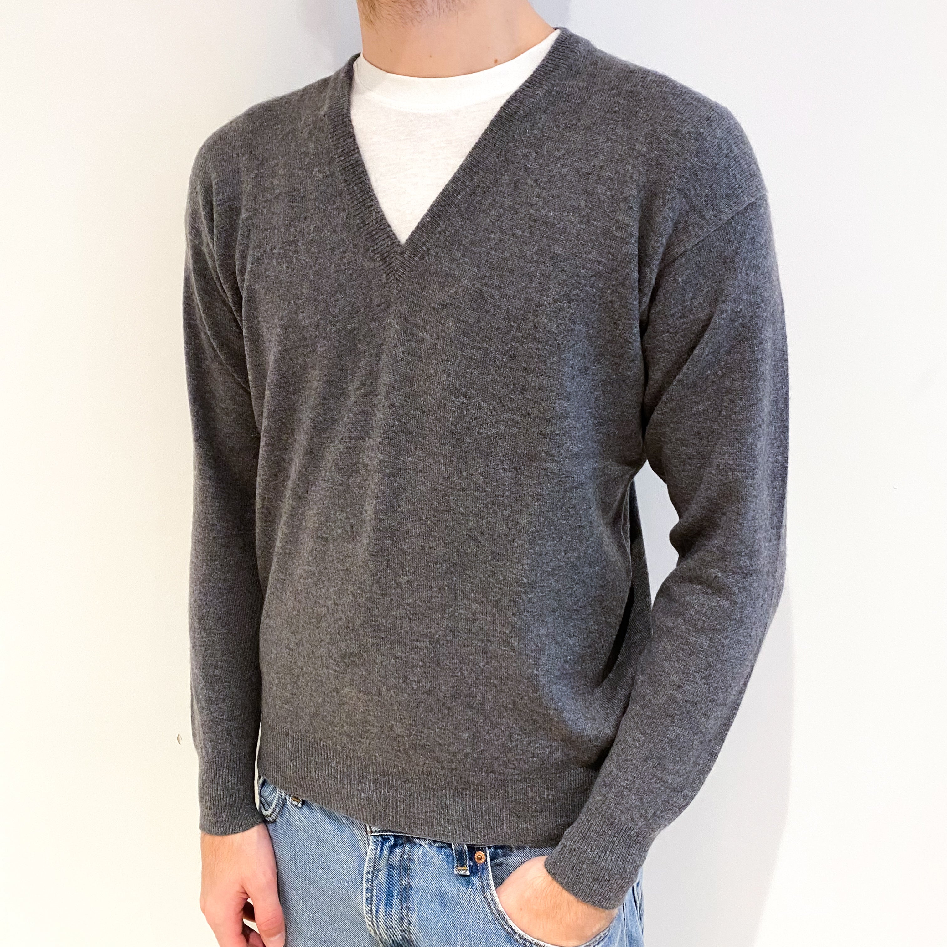 Men's Slate Grey Cashmere V Neck Jumper Large
