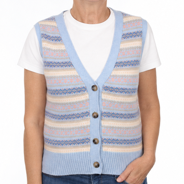 Brand New Baby Blue and Shell Pink Fair Isle Luxury Cashmere V Neck Waistcoat Medium UK 12-14