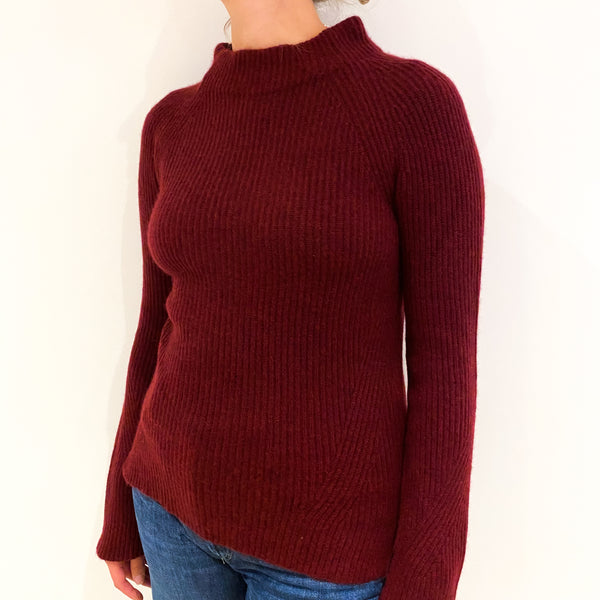 Wine Red Ribbed Cashmere Funnel Neck Jumper Small