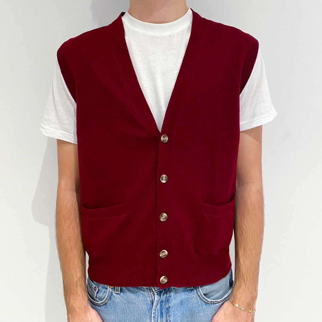 Men's Claret Red Cashmere V-Neck Waist Coat with Pockets Large