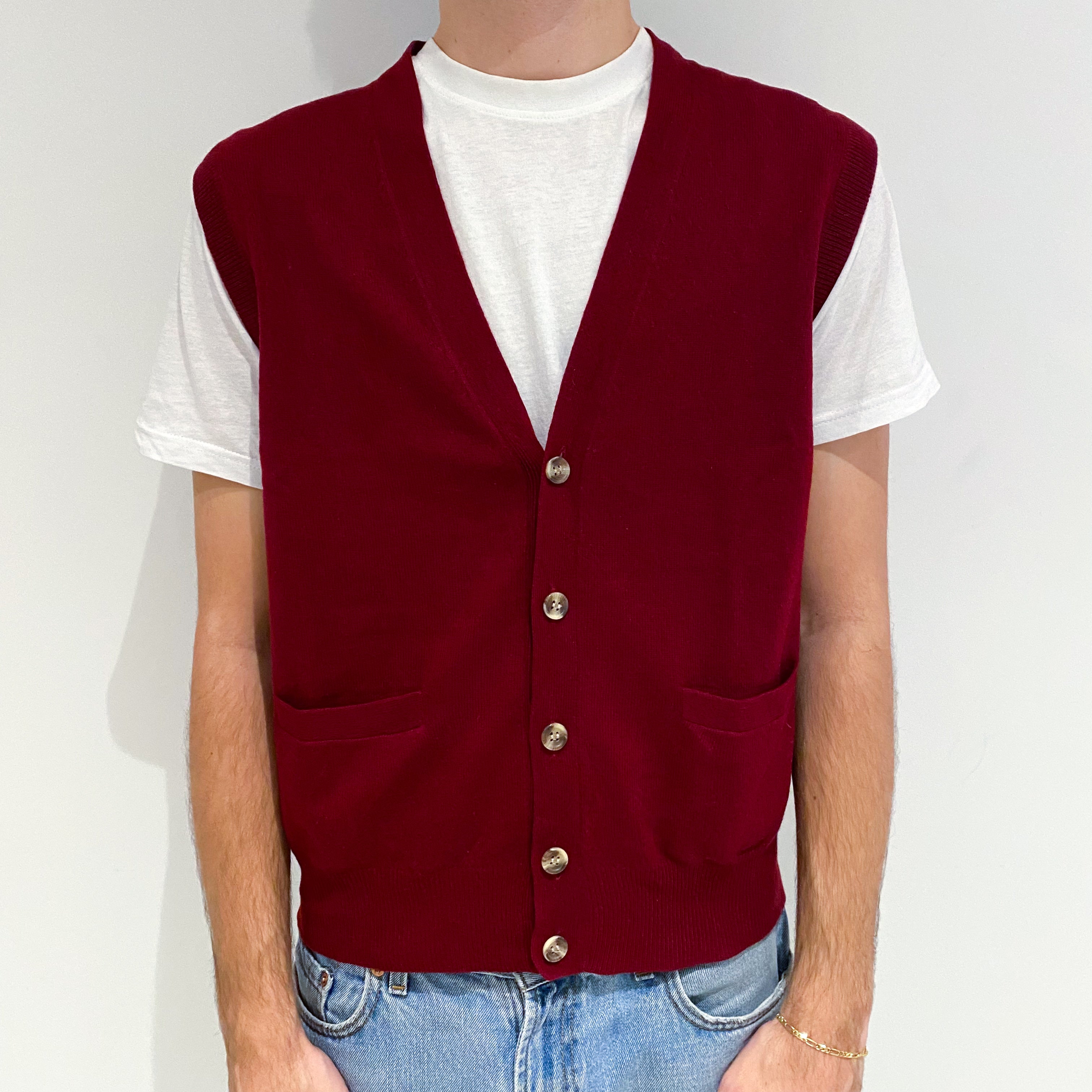 Men's Claret Red Cashmere V-Neck Waist Coat with Pockets Large