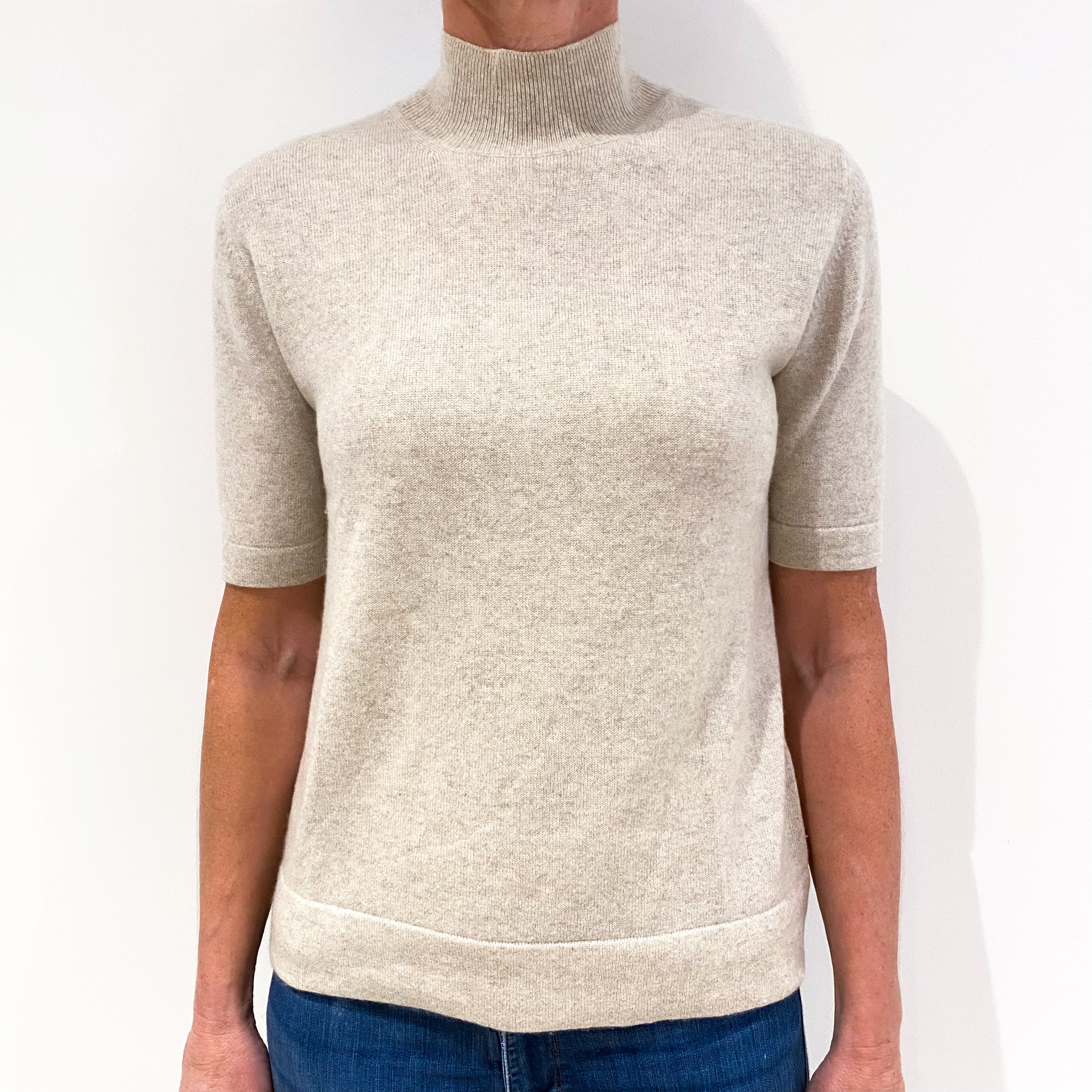 Oatmeal Beige Short Sleeved Cashmere Turtle Neck Jumper Small