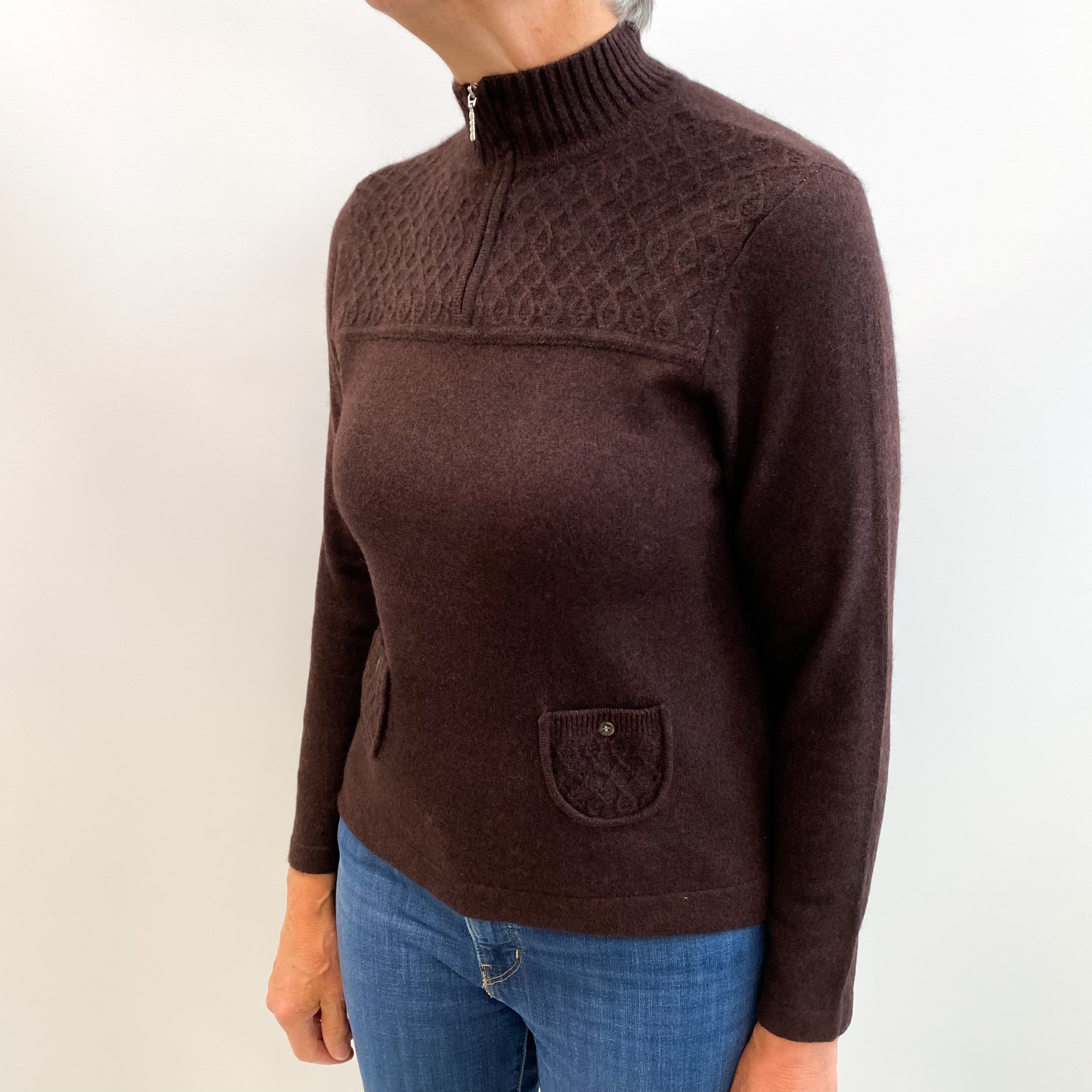 Dark Chocolate Brown Cashmere 1/4 Zip Turtle Neck Jumper Medium