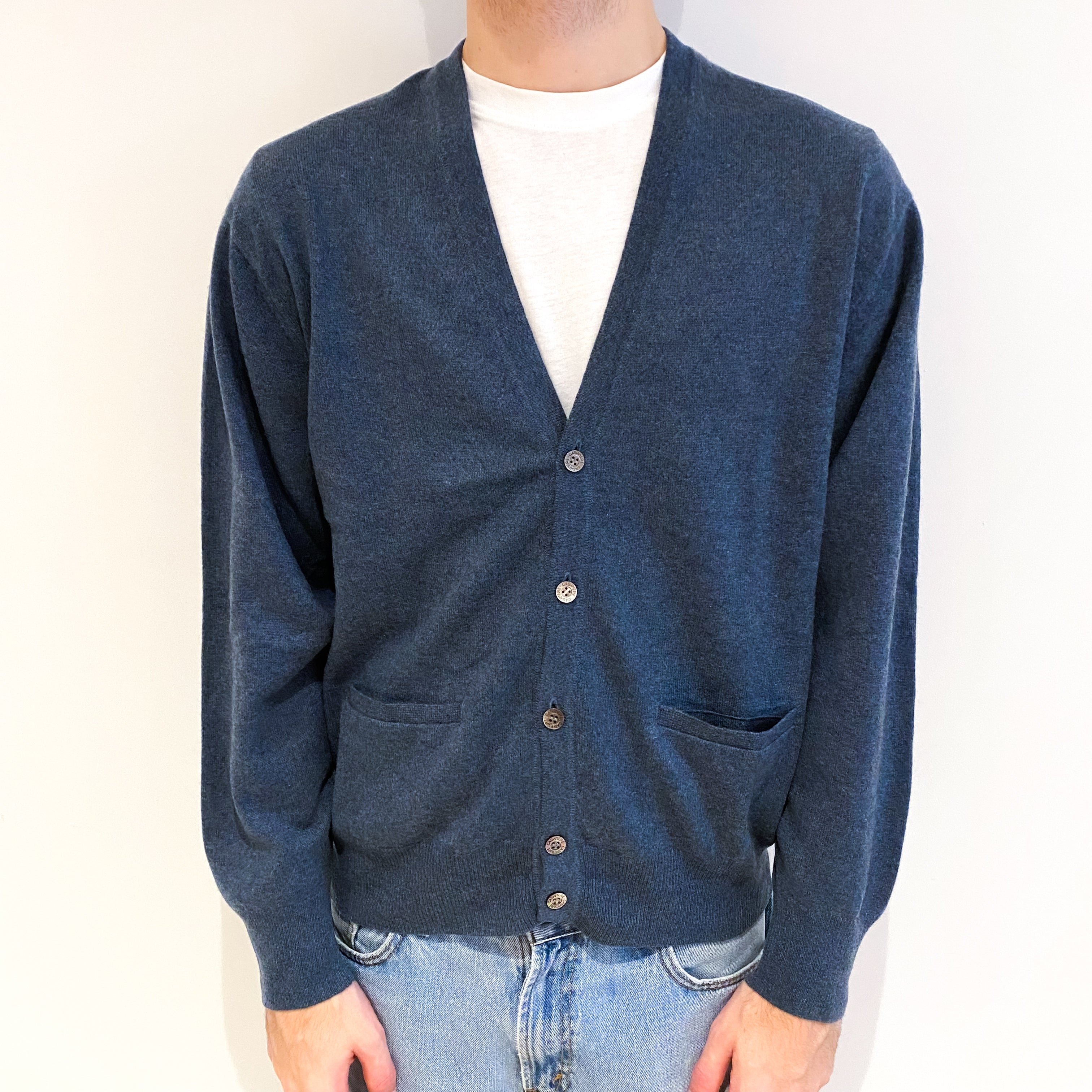 Men's Naval Blue Cashmere V Neck Cardigan With Pockets Large