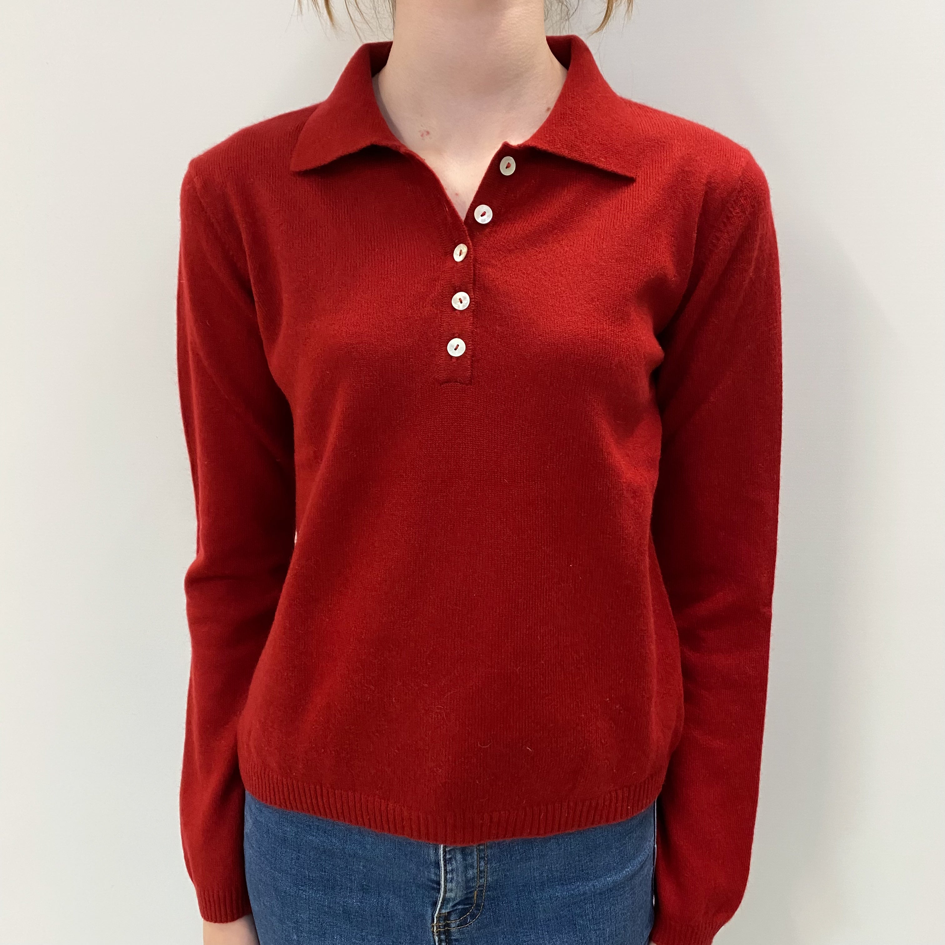 Phoenix Red Cashmere Collared Quarter Button Jumper Extra Small