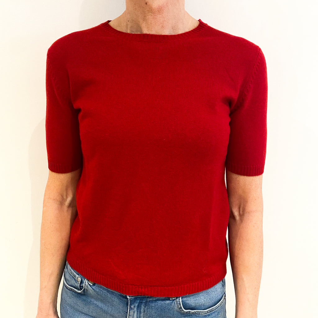 Scarlet Red Cashmere Crew Neck Short Sleeved Jumper Small