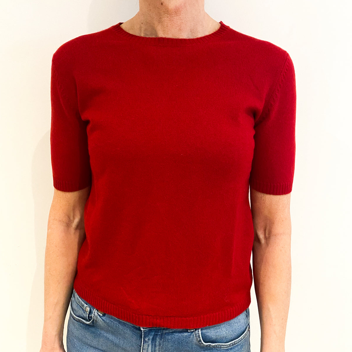 Scarlet Red Cashmere Crew Neck Short Sleeved Jumper Small