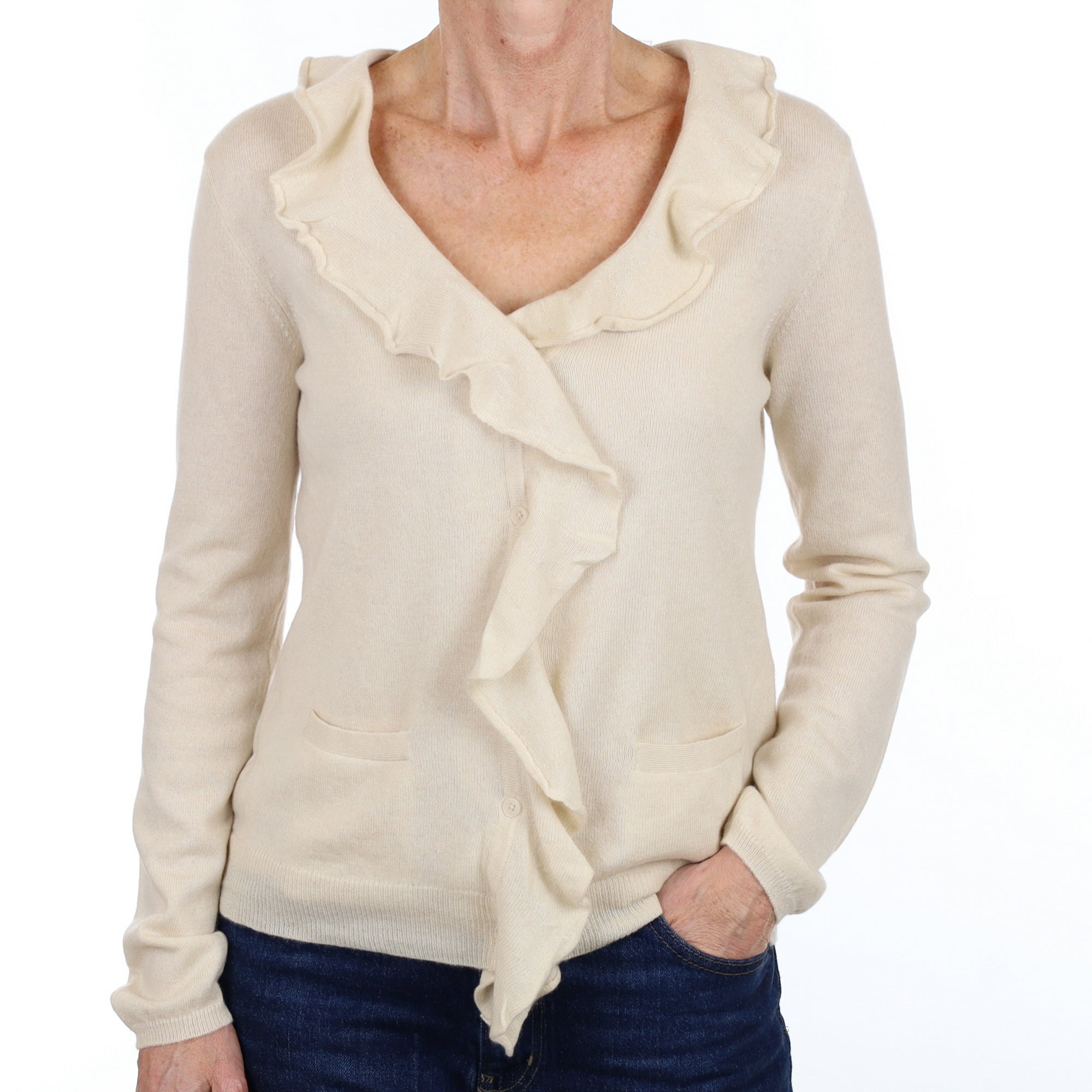Vanilla Cream Cashmere Ruffle V Neck Cardigan Small