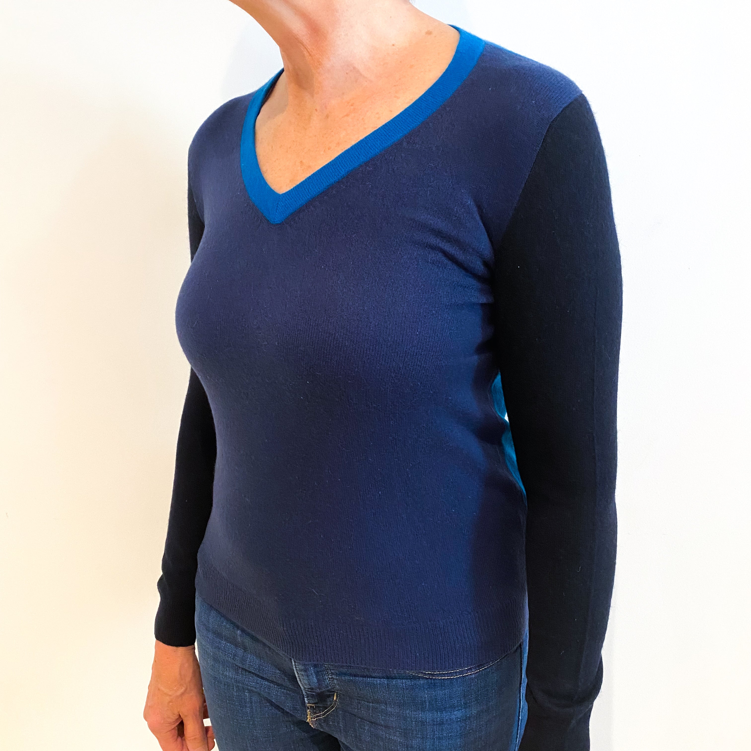Navy Colour Block Cashmere V Neck Jumper Medium