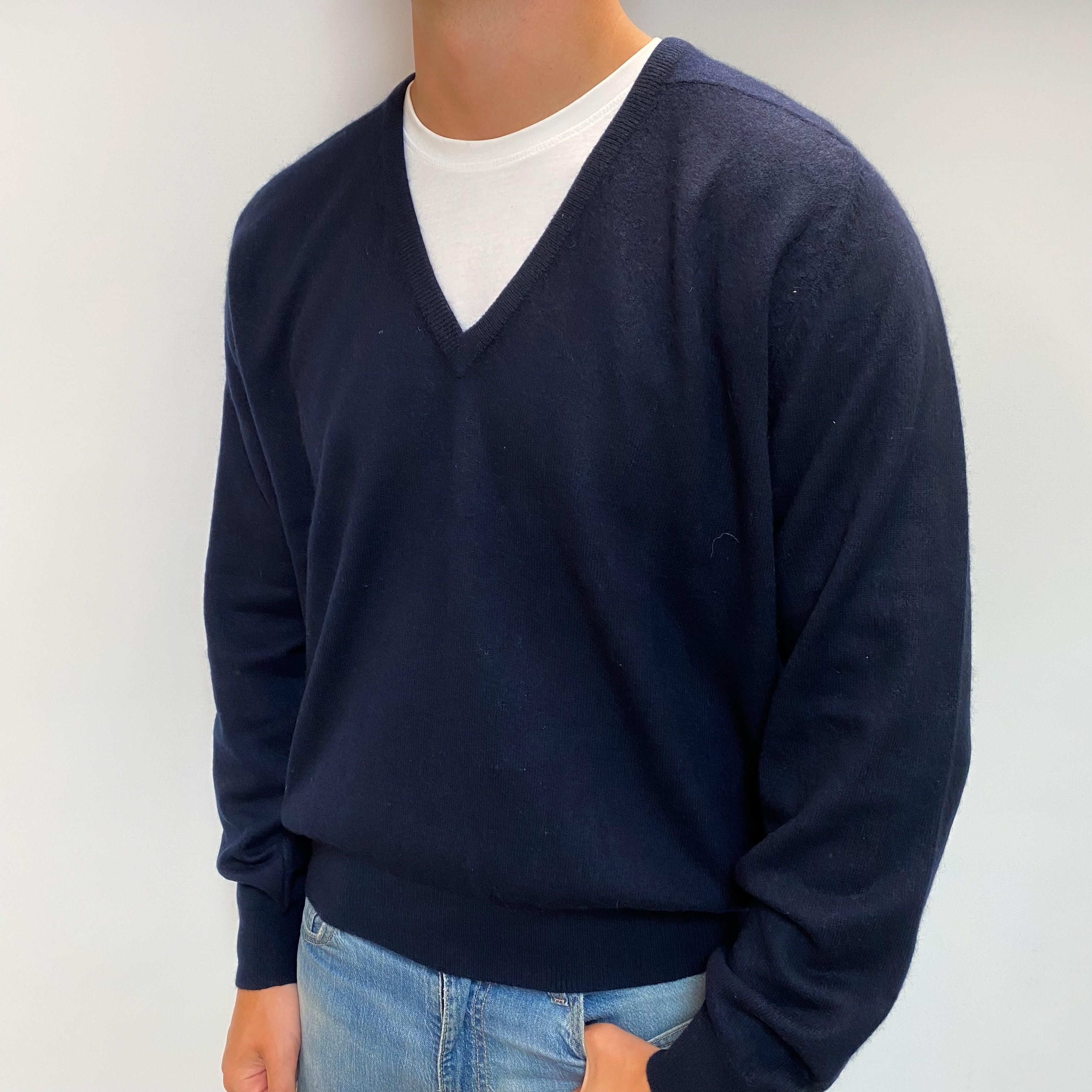 Men's Navy Blue Cashmere V Neck Jumper XXL