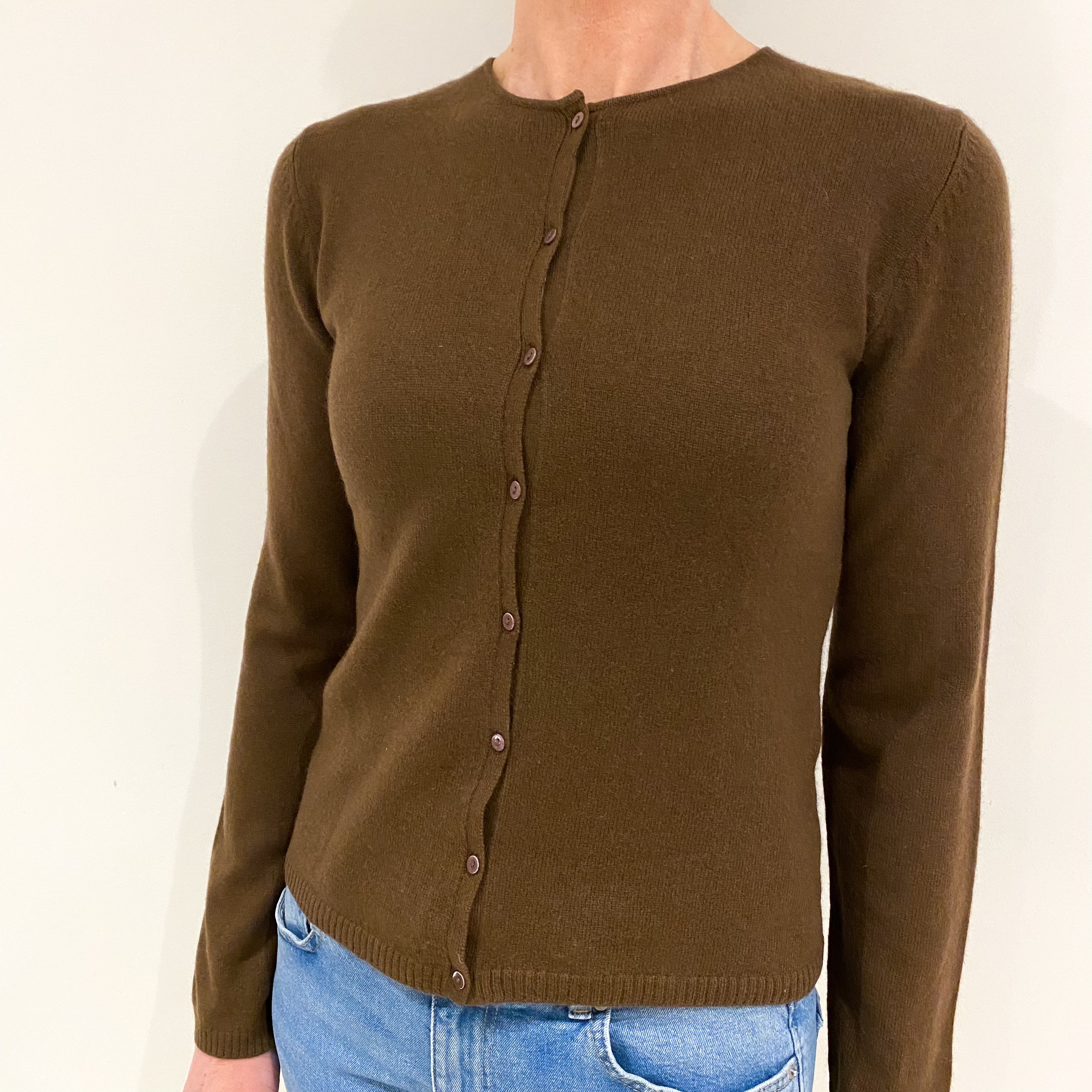 Chocolate Brown Cashmere Crew Neck Cardigan Small